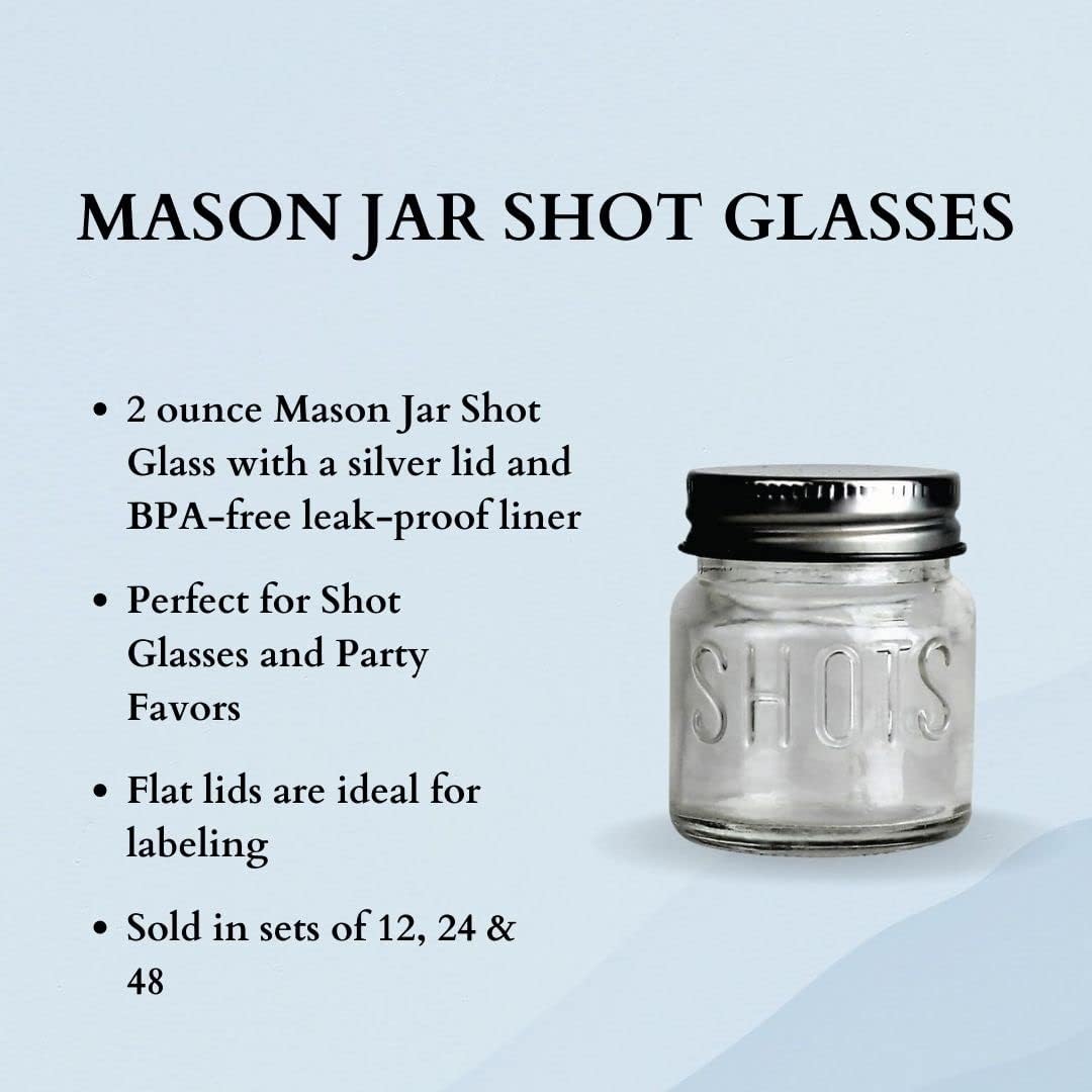 24-Pack 2oz Mason Jar Shot Glasses with Leakproof Lids - Perfect for Cocktails, Party Favors, Wedding Decor, DIY Crafts & Candle Making - Ideal for Home Bars, Bridal Showers & Gift Giving