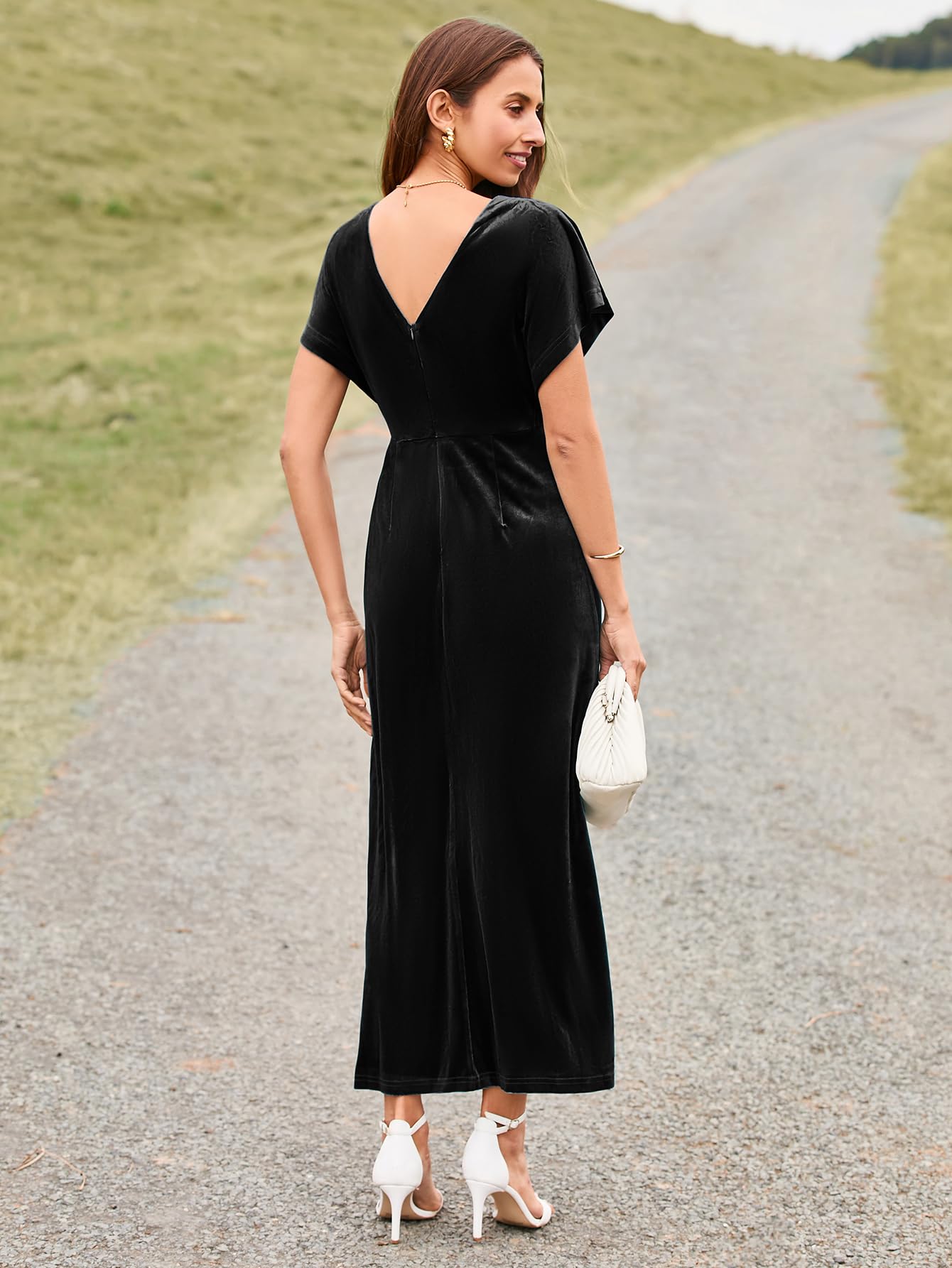 Simplee Women's Velvet Maxi Dress - Short Sleeve V-Neck Formal Bodycon Gown for Wedding Guest, Prom, Cocktail Party & Special Occasions | Elegant Twiss Front Design for Fall & Winter Events