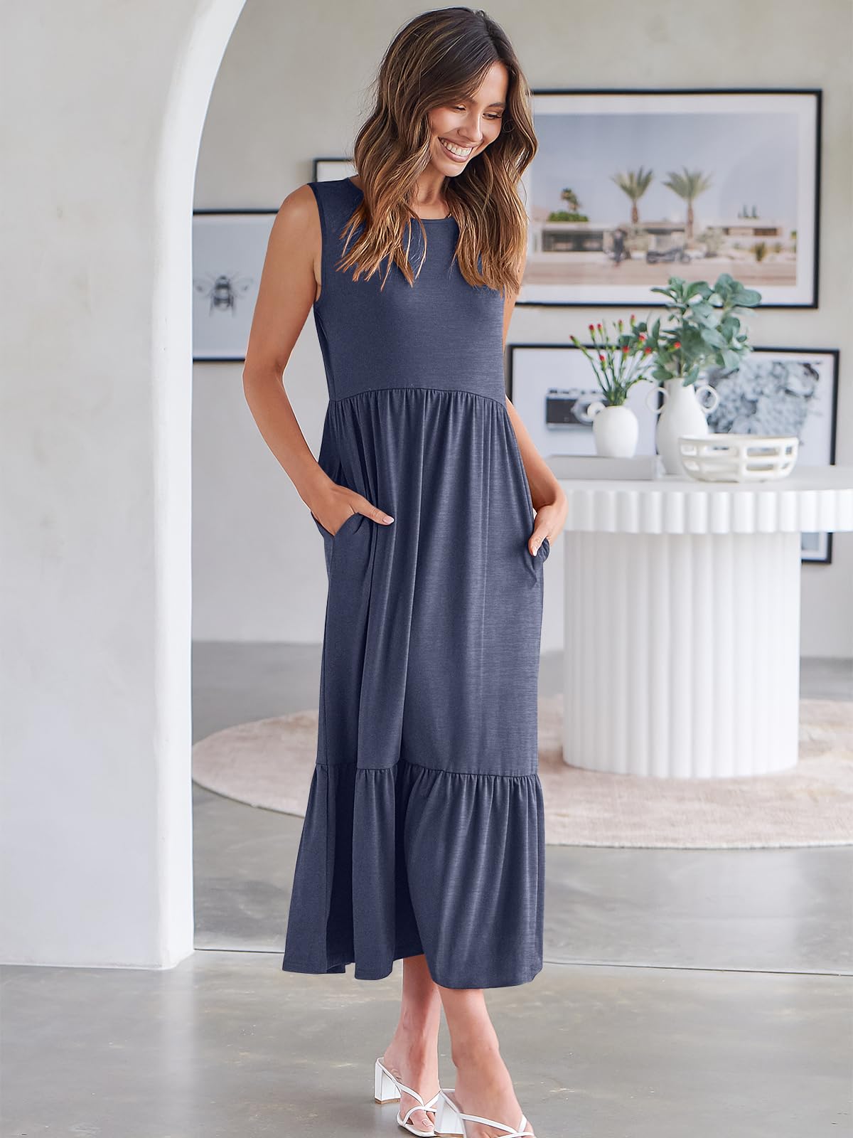 ANRABESS Women's Summer Sleeveless Crewneck Sundress - Flowy A-Line Tiered Maxi Beach Dress for Vacation, Casual Wear, and Outdoor Activities