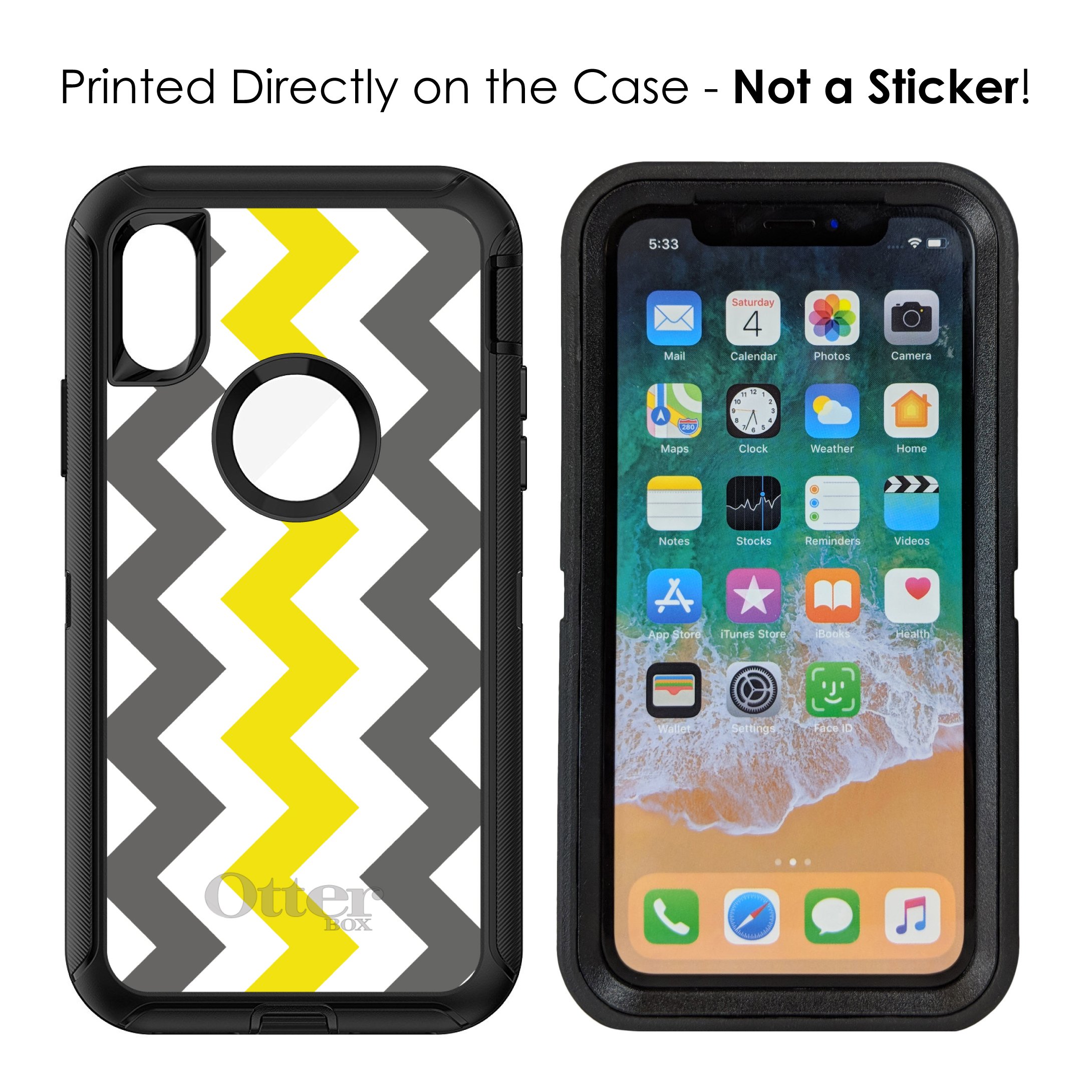 DistinctInk iPhone XR Case (6.1 Inch) - Heavy Duty Protective Cover with Grey & Yellow Chevron Stripes Design | OtterBox Defender Replacement | Perfect for Outdoor Activities, Work & Daily Use