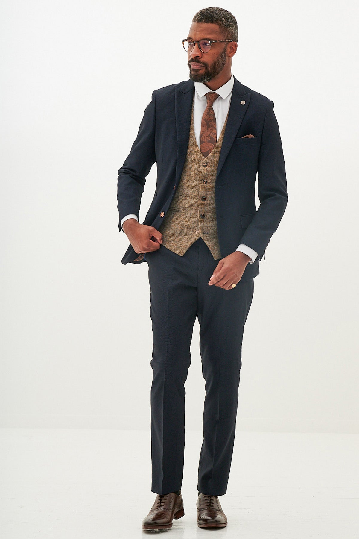 Premium Navy Blue Suit with Kris Tan Tweed Waistcoat for Men - Formal Business Attire & Wedding Outfit