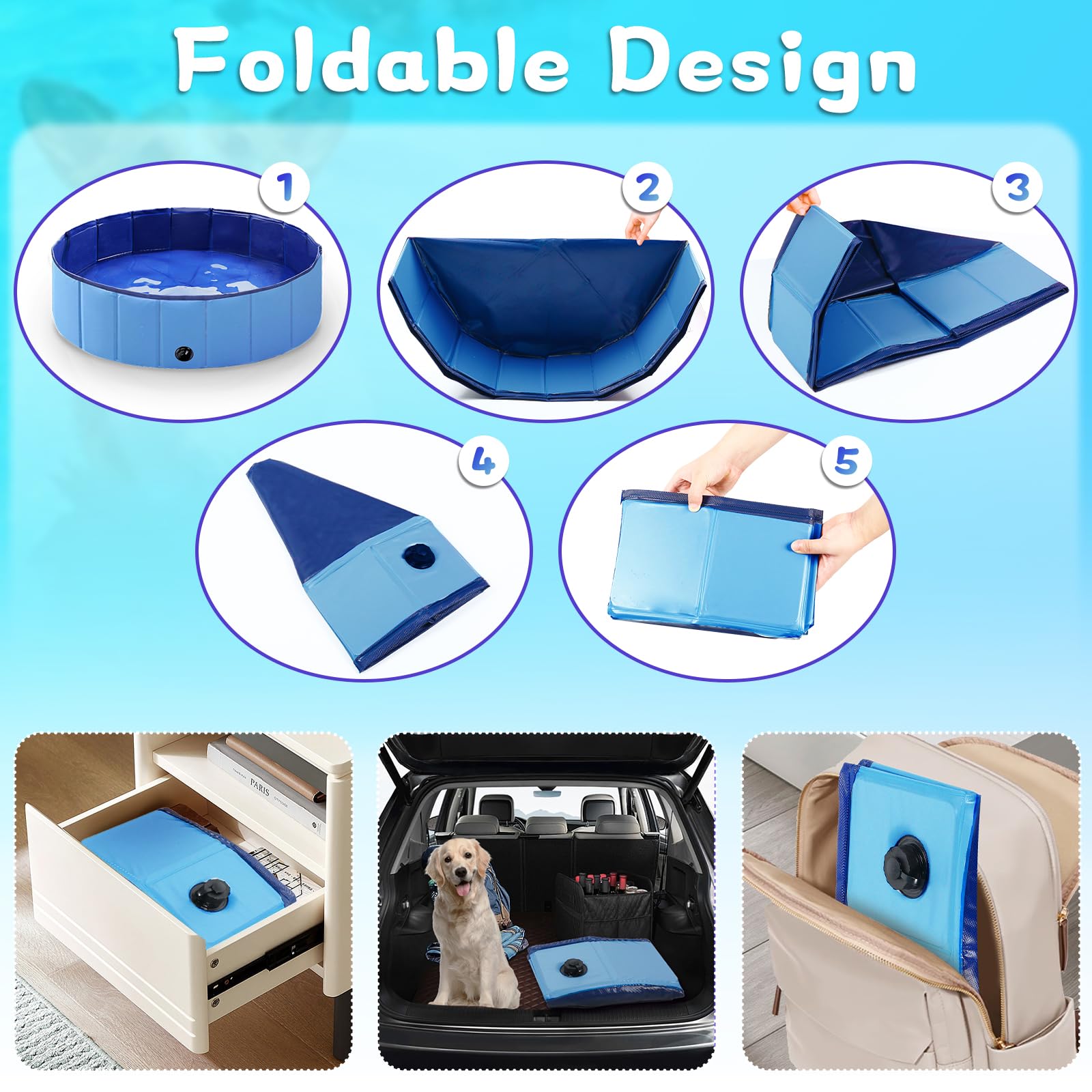 Foldable Dog Pool for Large & Small Dogs - 48x12 Inch Light Blue Collapsible Pet Wading Pool, Hard Plastic Kiddie Swimming Pool for Kids, Portable Dog Bathing Tub - Perfect for Backyard, Beach & Outdoor Play