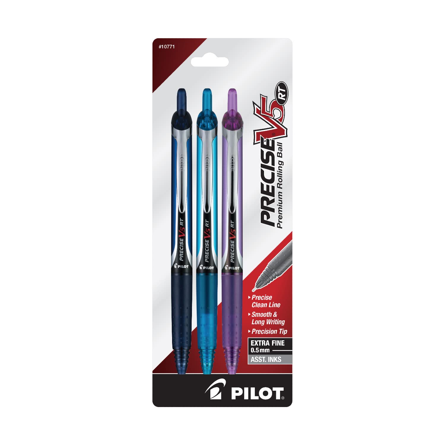 Pilot Precise V5 Retractable Rolling Ball Pen - Liquid Ink Pens in Navy, Turquoise & Purple - Smooth Writing for Office, School & Note Taking