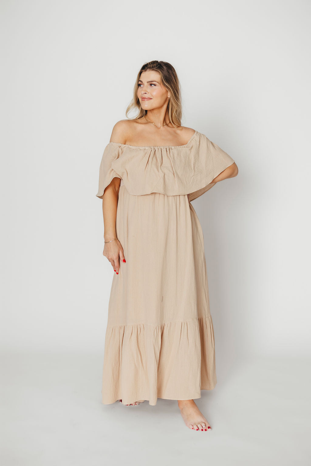 Josie 100% Cotton Maxi Dress in Beige - Bump & Nursing Friendly Maternity Dress for Pregnancy & Breastfeeding | Perfect for Casual Outings, Beach Vacations & Mother's Day Gifts