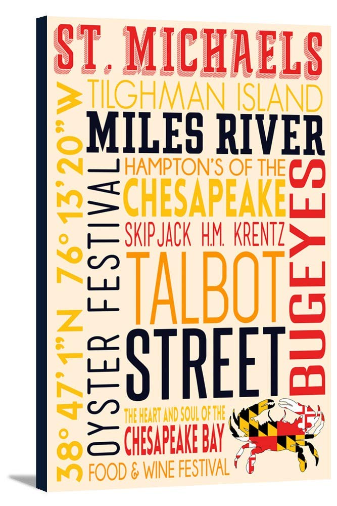 St. Michaels Maryland Crab Typography Art - 16x24 Gallery Wrapped Canvas Wall Decor - Perfect for Coastal Home, Office & Restaurant Decor