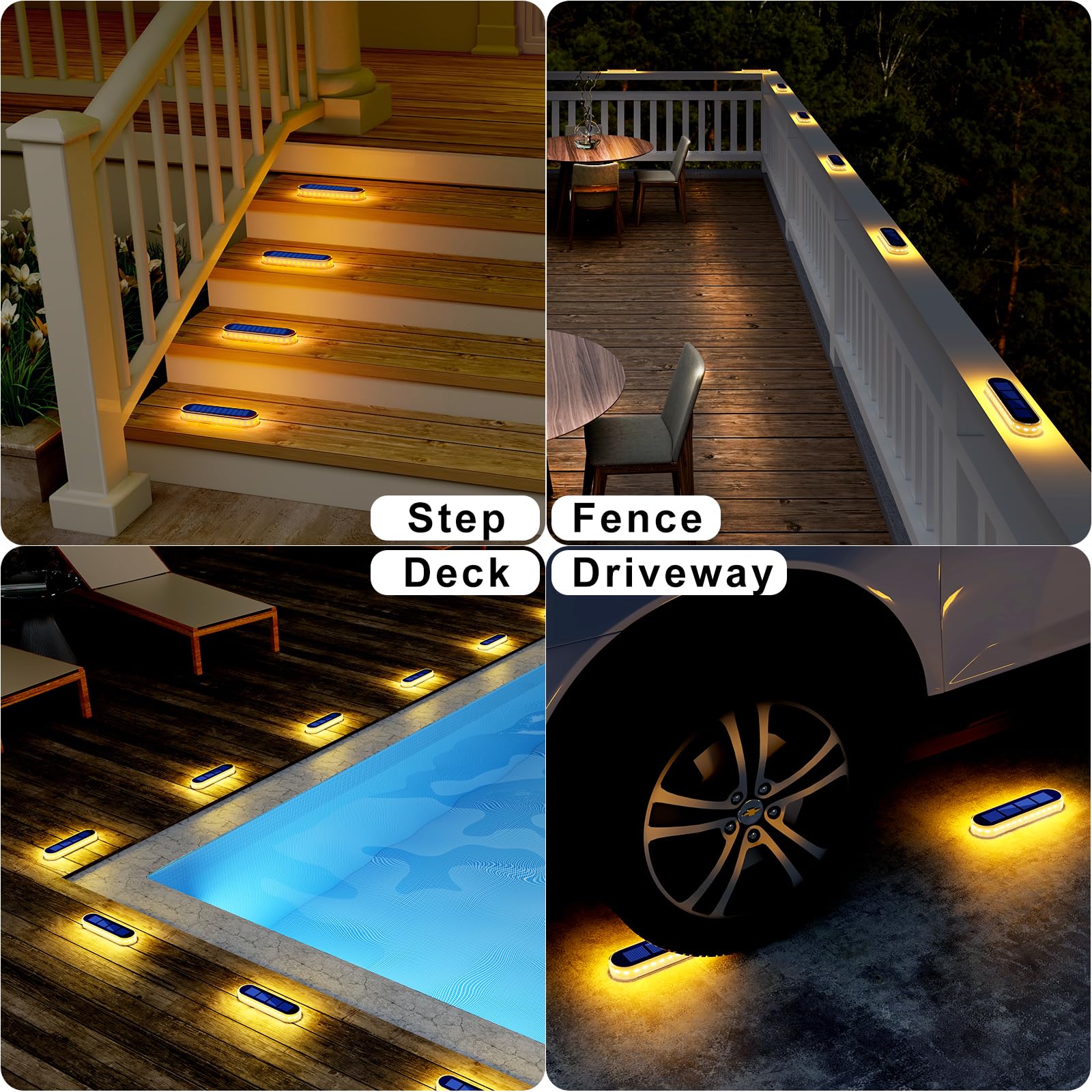 Solar Powered Outdoor Step Lights - Waterproof LED Deck & Fence Lighting (4 Pack) | Warm White Solar Lights for Stairs, Patio, Garden, Pathway, Driveway & Porch | Perfect for Backyard, Front Door & Dock Safety Lighting at Night