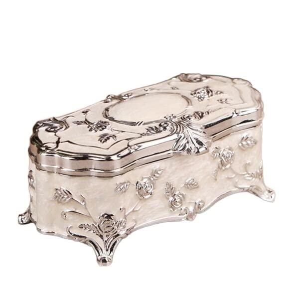 Vintage Jewelry Box Small - White Enamel Zinc Alloy Trinket Case with Floral Carving, Compact Jewelry Organizer for Rings, Earrings & Necklaces - Perfect for Travel, Gift Giving & Home Decor