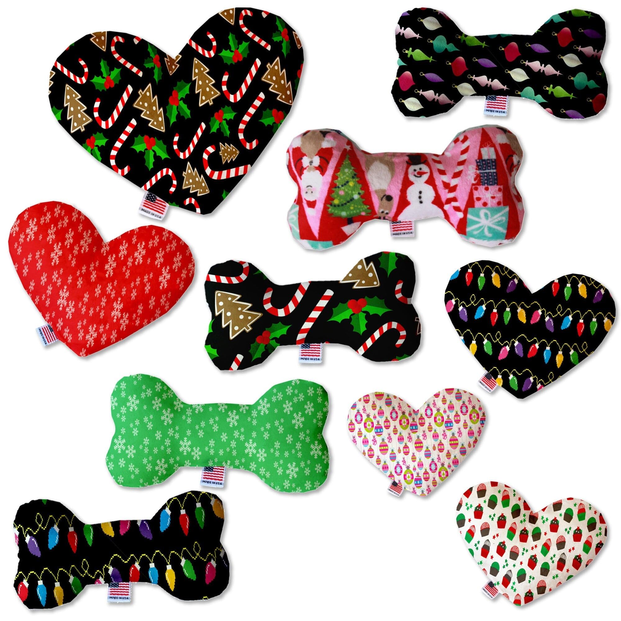 Christmas Pet Plush Heart & Bone Dog Toy - Candy Cane Lane Collection (8 Styles, Multiple Sizes) | Soft Chew Toy for Puppies & Small Dogs | Holiday Gift for Pets
