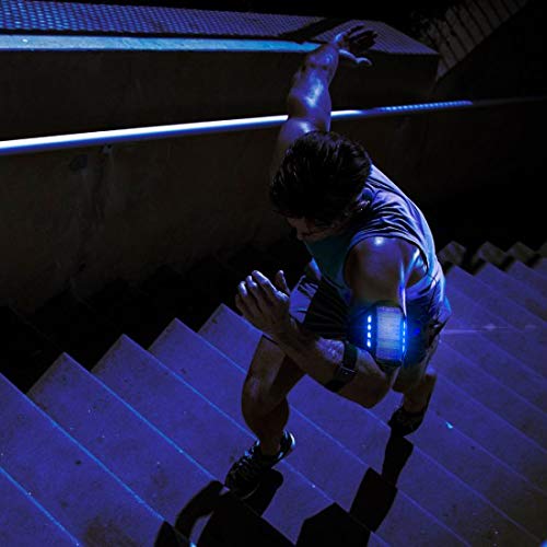 Bright LED Rechargeable Sports Armband - Compatible with iPhone 13/12/11 Pro Max/Xs/X/8+/7 Plus, Samsung Galaxy S9/S8/Note 9, Pixel 2 - Adjustable Crossfit Running Band with Blue LED Lights (Includes Microfiber Cloth) - Perfect for Night Jogging, Gym Workouts & Outdoor Activities