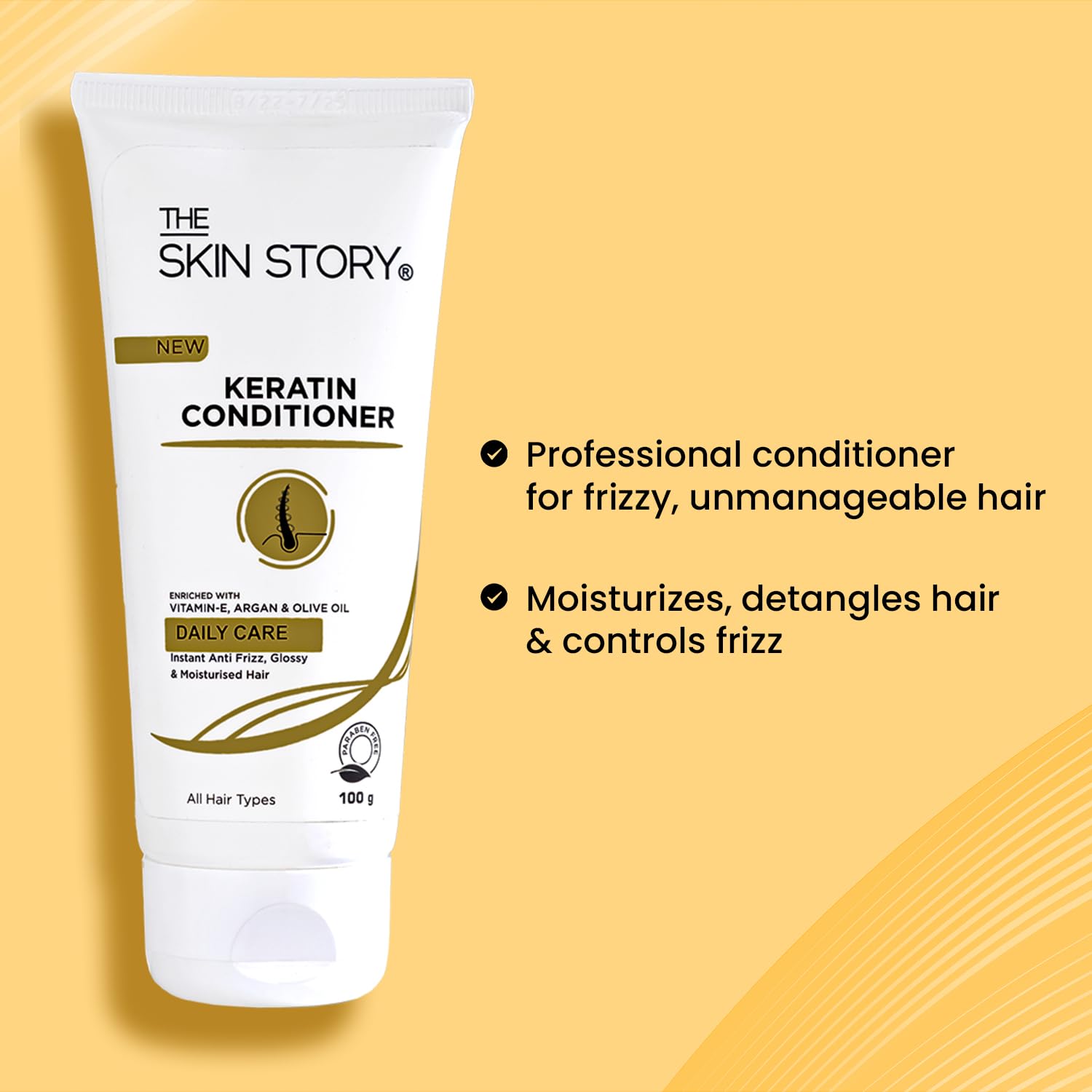 The Skin Story Keratin Hair Conditioner - Sulfate & Paraben Free, Enriched with Vitamin E, Argan Oil & Olive Oil for Smooth, Frizz-Free Hair | Repairs Split Ends & Damaged Hair | Shine Boosting Formula for Women & Men | 100g | Perfect for Daily Hair Care & Salon-Quality Results at Home