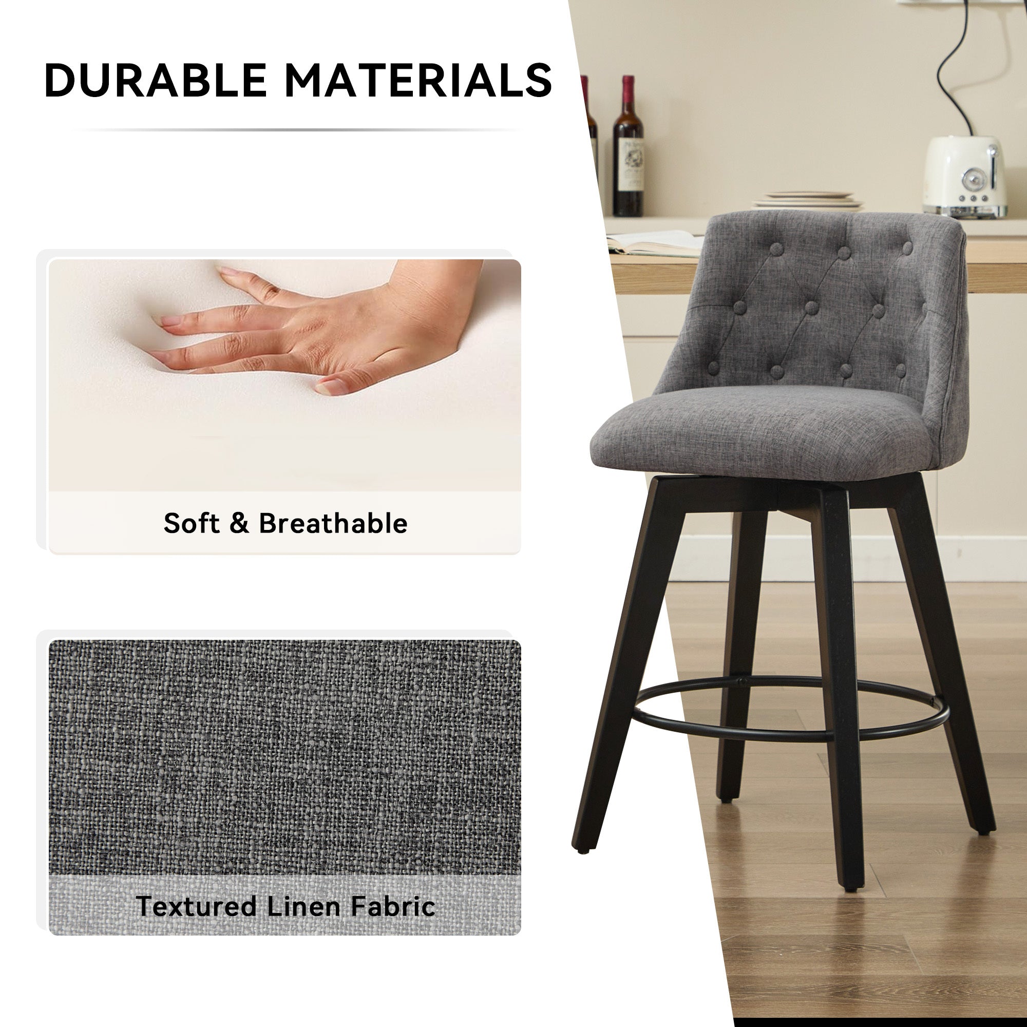 Modern 25' Swivel Bar Stools Set of 2 - Counter Height Stools with Linen Upholstery & Button Tufted Back, Solid Wood Frame for Kitchen Island, Home Bar or Breakfast Nook - Perfect for Entertaining Guests or Casual Dining