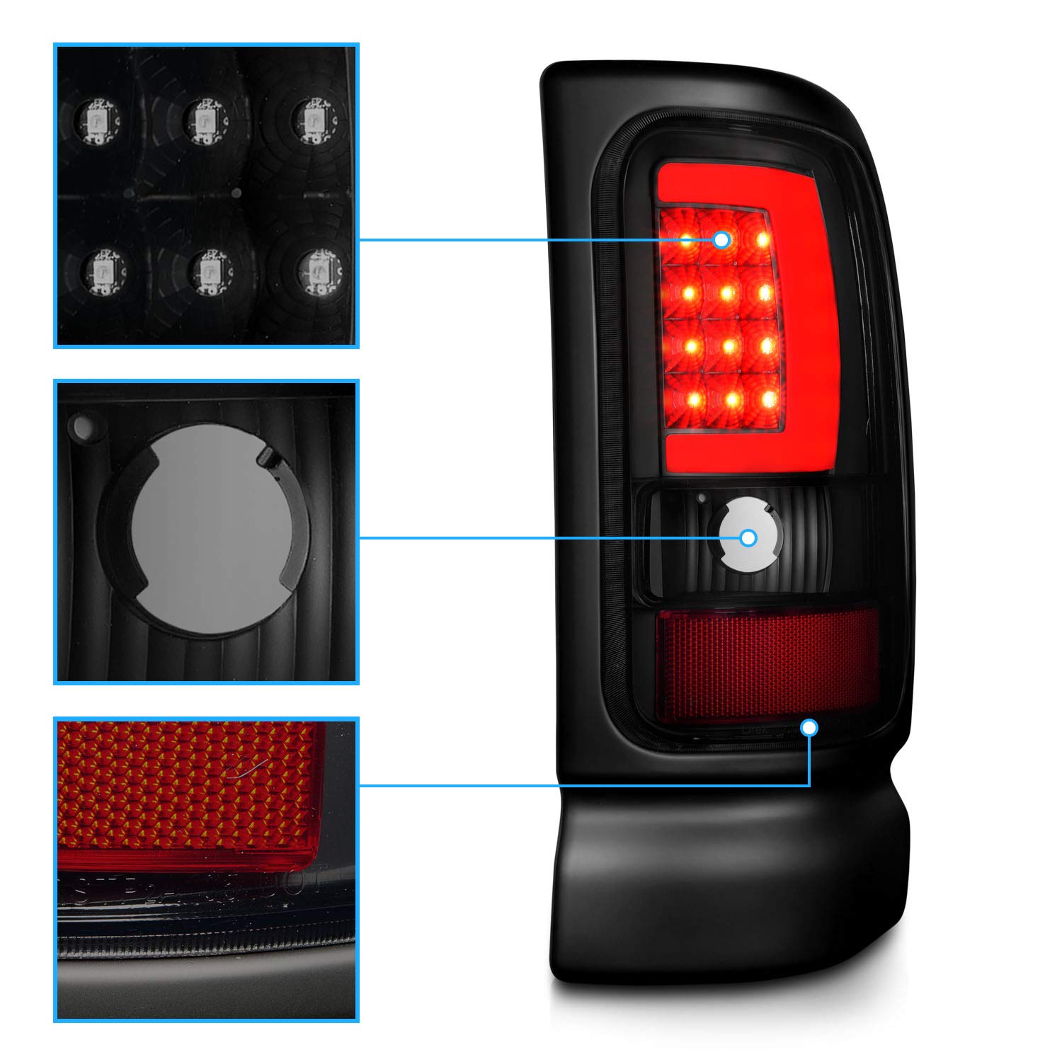 1994-2001 Dodge Ram 1500/2500/3500 Truck Black Smoke C-Bar LED Tail Lights - Pair (Left & Right) - High Visibility Replacement for Improved Safety - Perfect for Night Driving & Off-Road Adventures