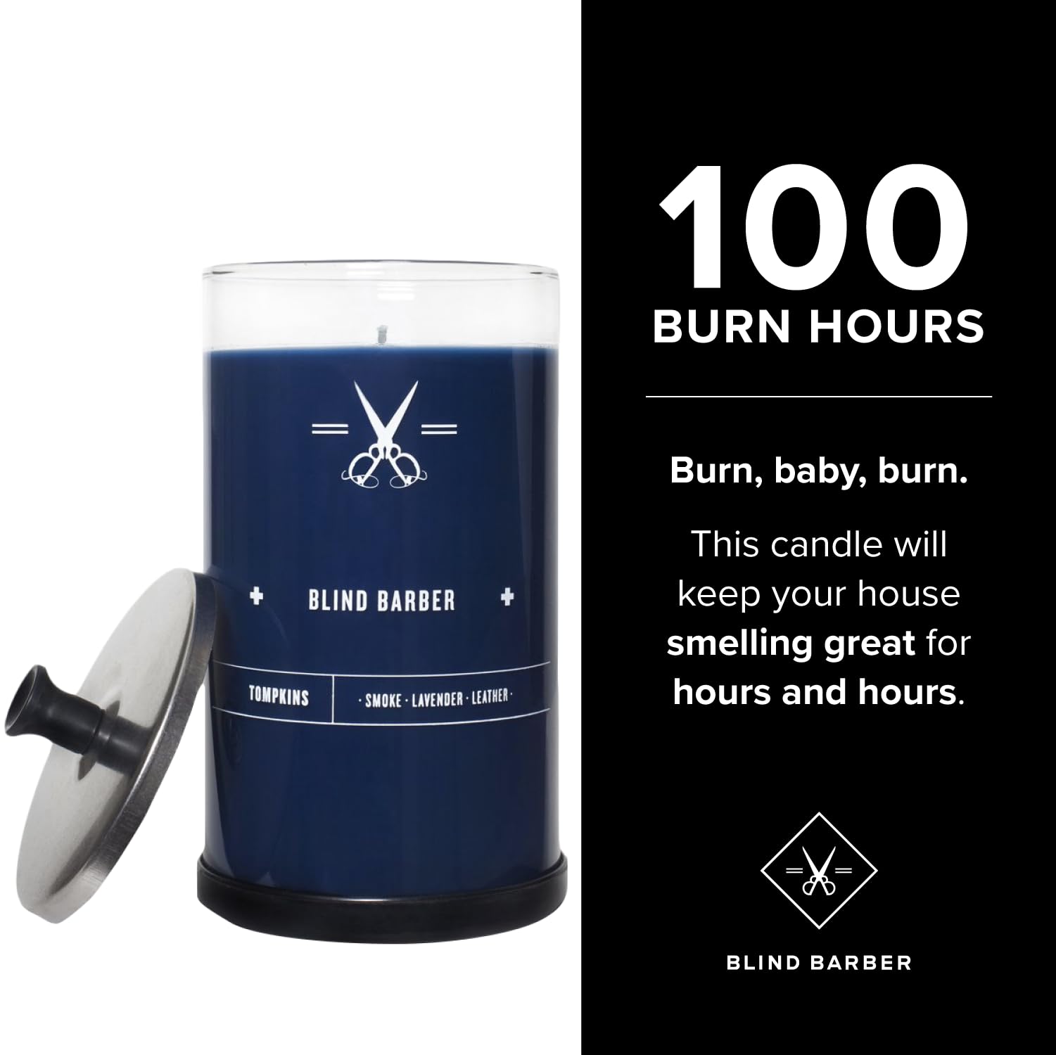Blind Barber Tompkins Scented Candle - Premium Long-Lasting Soy Wax Candle for Men with Leather, Smoke & Lavender Fragrance - 23.6oz Barber-Style Glass Jar (100-Hour Burn Time) - Perfect for Home Decor, Gifts, Relaxation & Aromatherapy