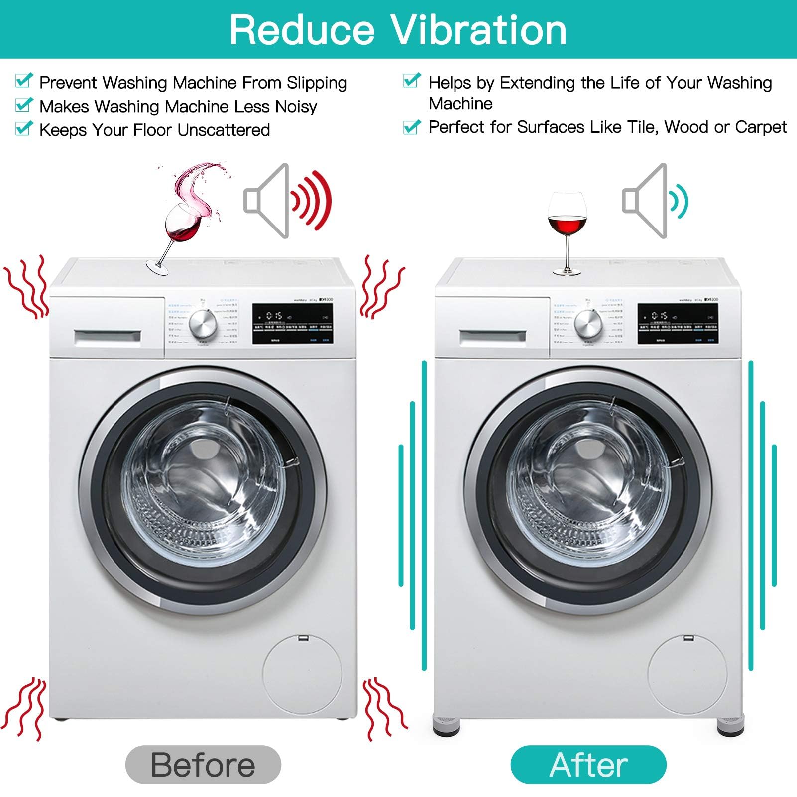 Anti-Vibration Pads for Washing Machine - 8 Pack Noise Reducing Washer & Dryer Feet with Tank Tread Grip, Non-Slip Floor Protectors for Laundry Room - Perfect for Apartment Living, Basement Installations & Noise-Sensitive Homes