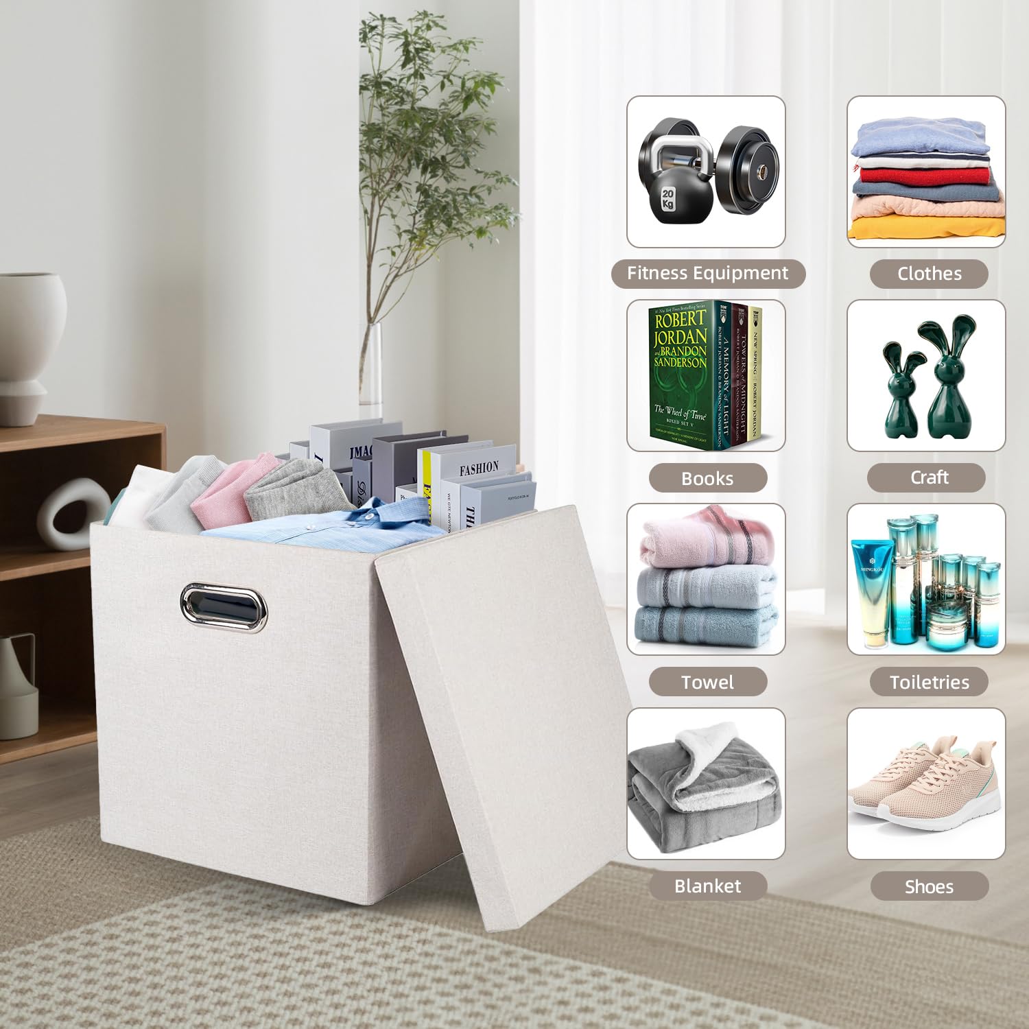 Collapsible Fabric Storage Bins with Lids - 4 Pack Foldable Linen Organizer Boxes for Closet, Shelves, Home & Office (11x11x11 Inches, Beige) | Perfect for Seasonal Clothes, Toys, Blankets & Home Organization