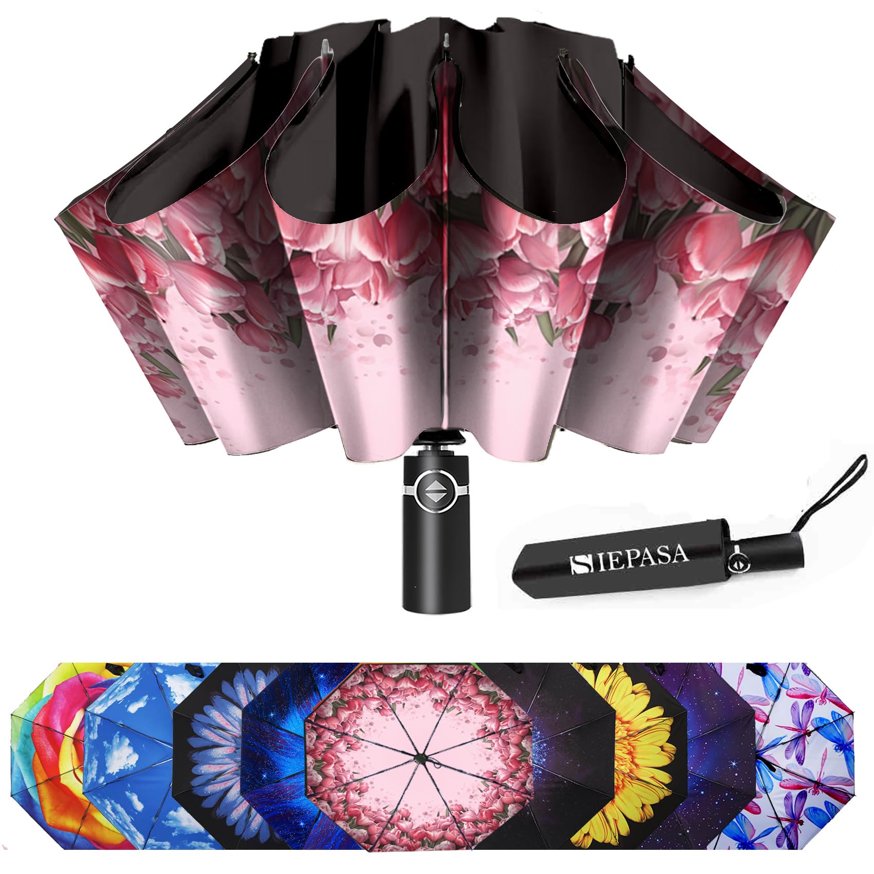 SIEPASA Windproof Reverse Folding Umbrella - Compact Automatic Travel Umbrella for Rain & Sun Protection - Perfect for Men & Women - Ideal for Commuting, Walking, Travel & Outdoor Activities