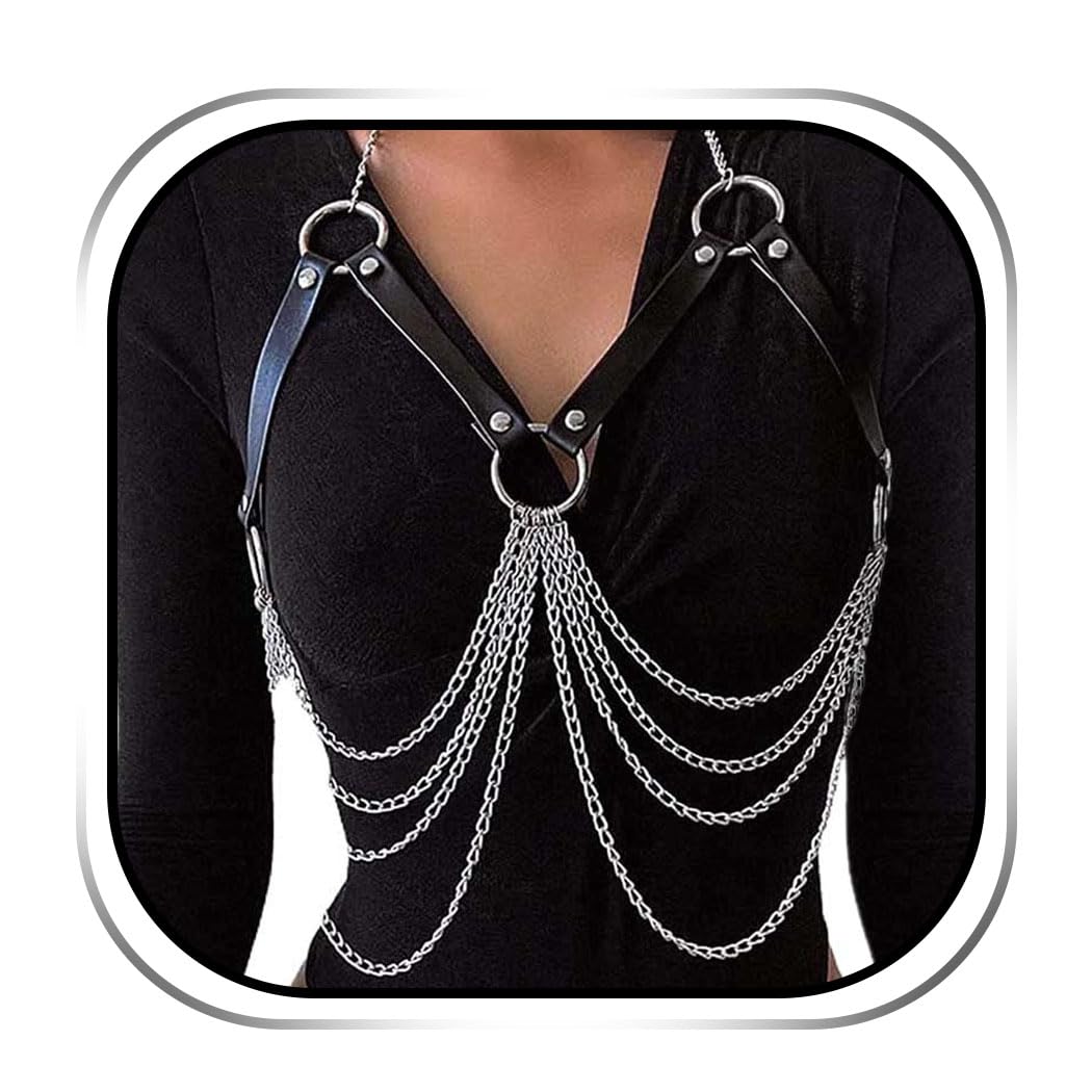 Reetan Punk Layered Silver Leather Body Chains - Gothic Chest Jewelry for Women | Perfect for Rave Parties, Nightclubs & Festival Outfits