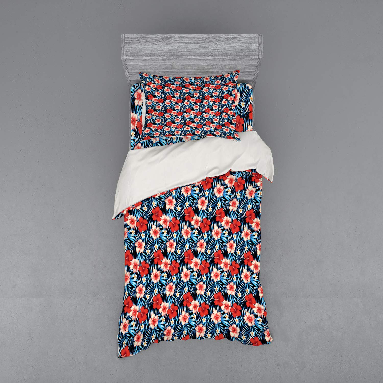 Ambesonne Tropical Bedding Set - Exotic Hibiscus & Plumeria Flowers Duvet Cover with Sham & Fitted Sheet, 3-Piece Twin XL Size, Vibrant Multicolor for Beach House Decor & Boho Bedroom Style