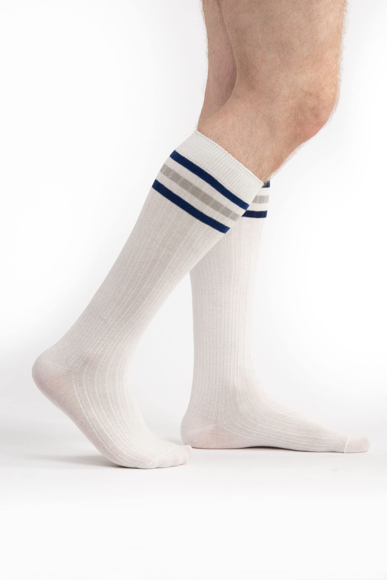 4 Pack Men's Knee High Cotton Striped Dress Socks - Over The Calf Formal Socks for Business & Office (Size 9-11) - Perfect for Work, Dress Shoes & Professional Outfits