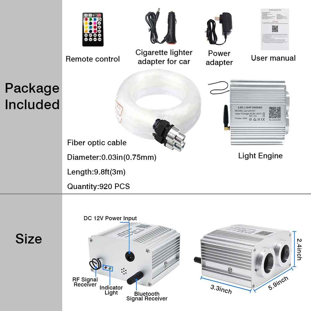 16W Dual Head Twinkle Fiber Optic Lights Kit - Bluetooth RGBW LED Starlight Headliner for Car & Home Ceiling, 920pcs 0.03in 9.8ft/3m with APP/Remote Music Sync - Perfect for Bedroom, Party, Theater & Romantic Ambiance Lighting