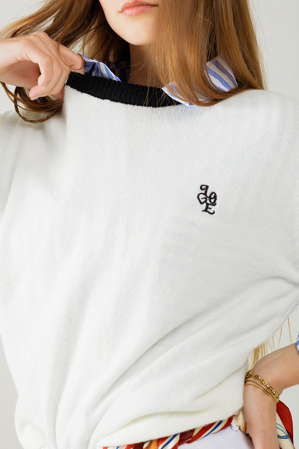 White Pullover with Contrast Collar and Love Logo on Chest - Perfect for Casual Wear, Date Nights & Everyday Comfort