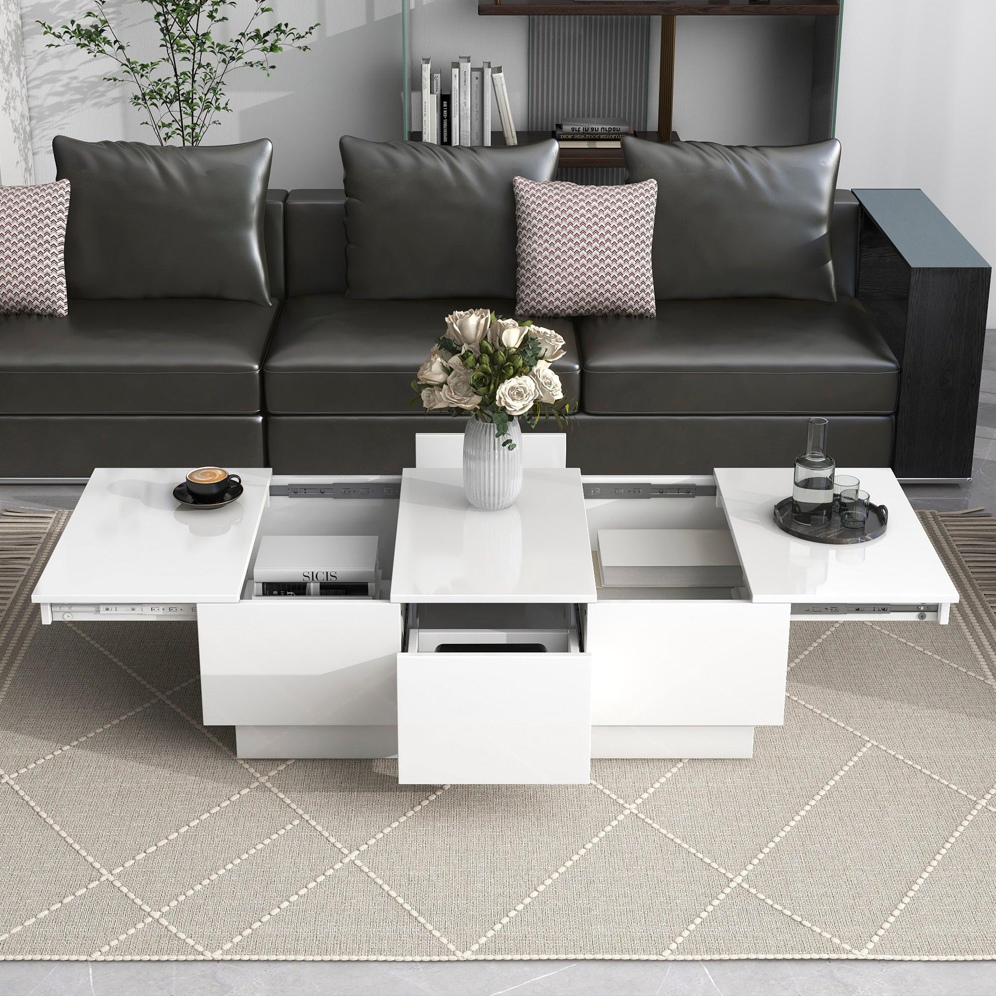 White Extendable Coffee Table with 2 Large Hidden Storage Compartments & 2 Drawers - High Gloss Center Table with Sliding Top for Living Room (39.3