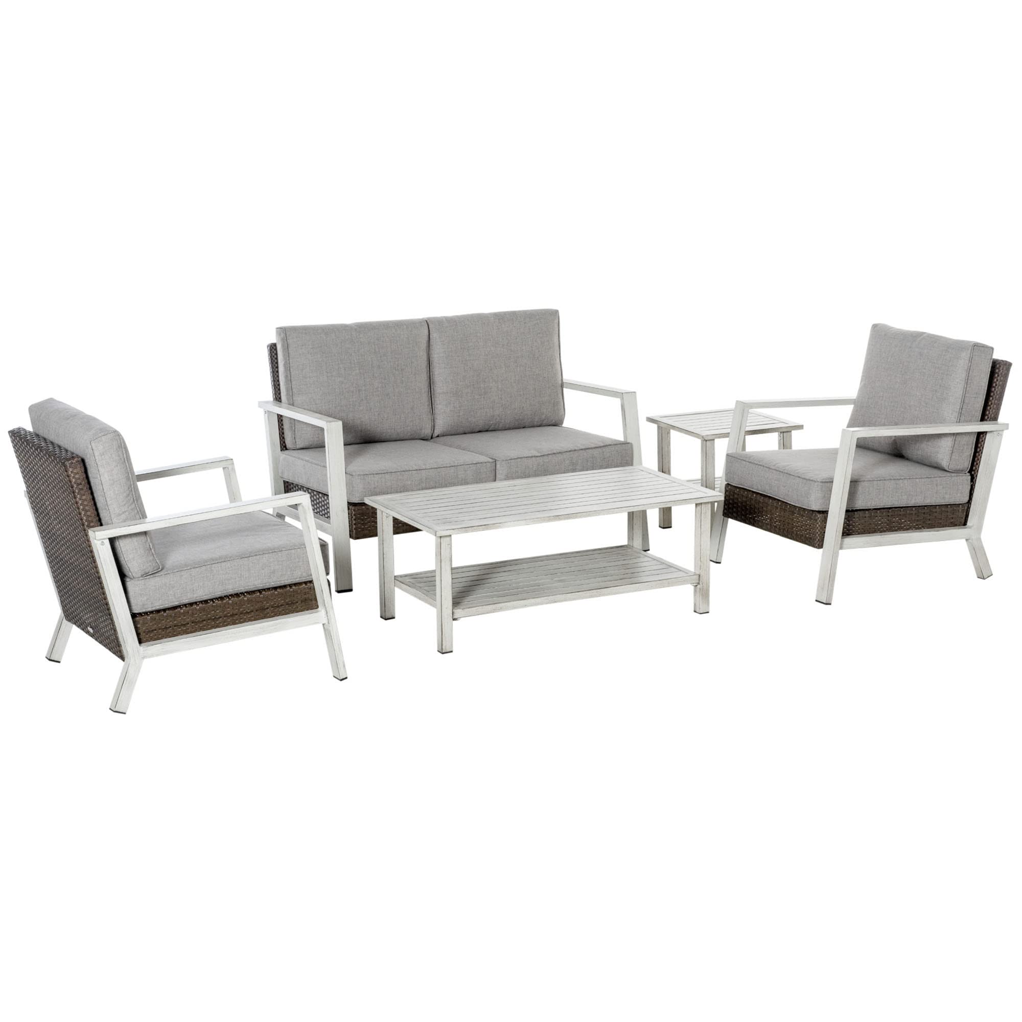 Outsunny 5-Piece Aluminum Patio Furniture Set - Modern Outdoor Conversation Set with Loveseat, 2 Chairs, Cushions, Coffee Table & Side Table - Gray - Perfect for Backyard, Garden, Poolside & Patio Relaxation