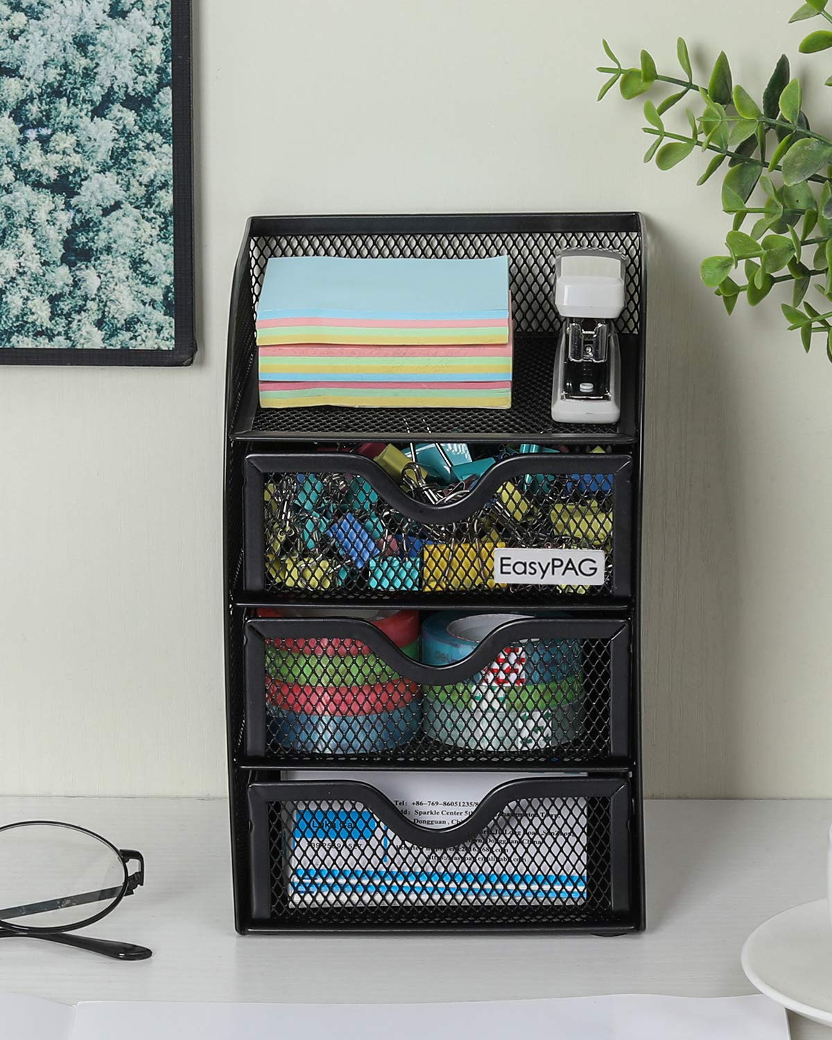 EasyPAG Mesh Desk Organizer with 3 Drawers - Office Desktop Organizer & Stationery Caddy for Home, School, Work - Perfect for Organizing Pens, Papers, and Office Supplies (Black)