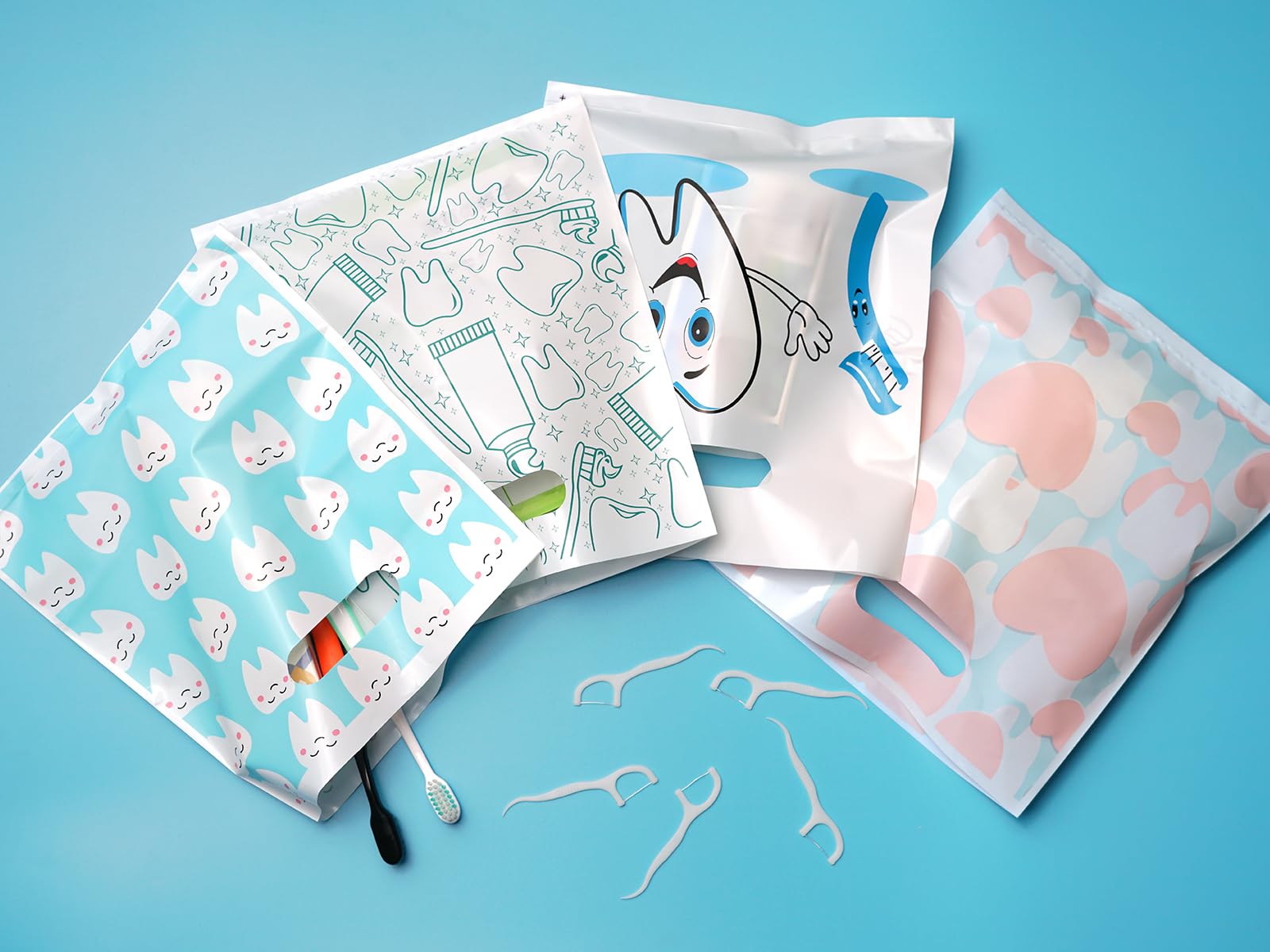 100 Pcs Disposable Tooth Patient Care Bags, 9 x 8 Inches Dental Goodie Bags for Dentists, Clinics, Schools & Patient Use - Perfect for Dental Appointments, Party Favors & School Events (Style 4)