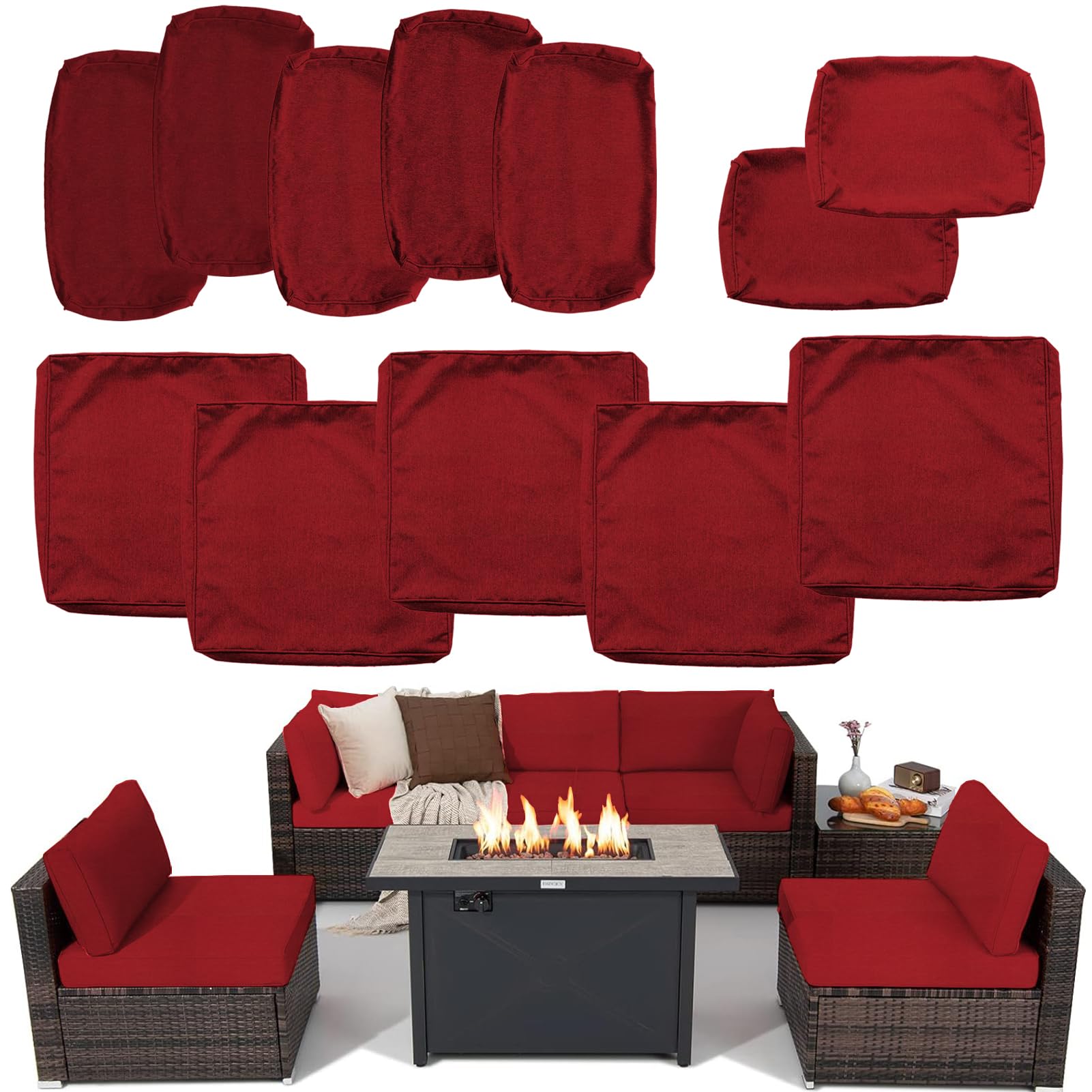 Waterproof Outdoor Patio Cushion Covers with Zipper - Replacement Slipcovers for Wicker Rattan Sectional Couch & Chair (Set of 12, Red) - Perfect for Garden, Poolside, and Patio Furniture Protection