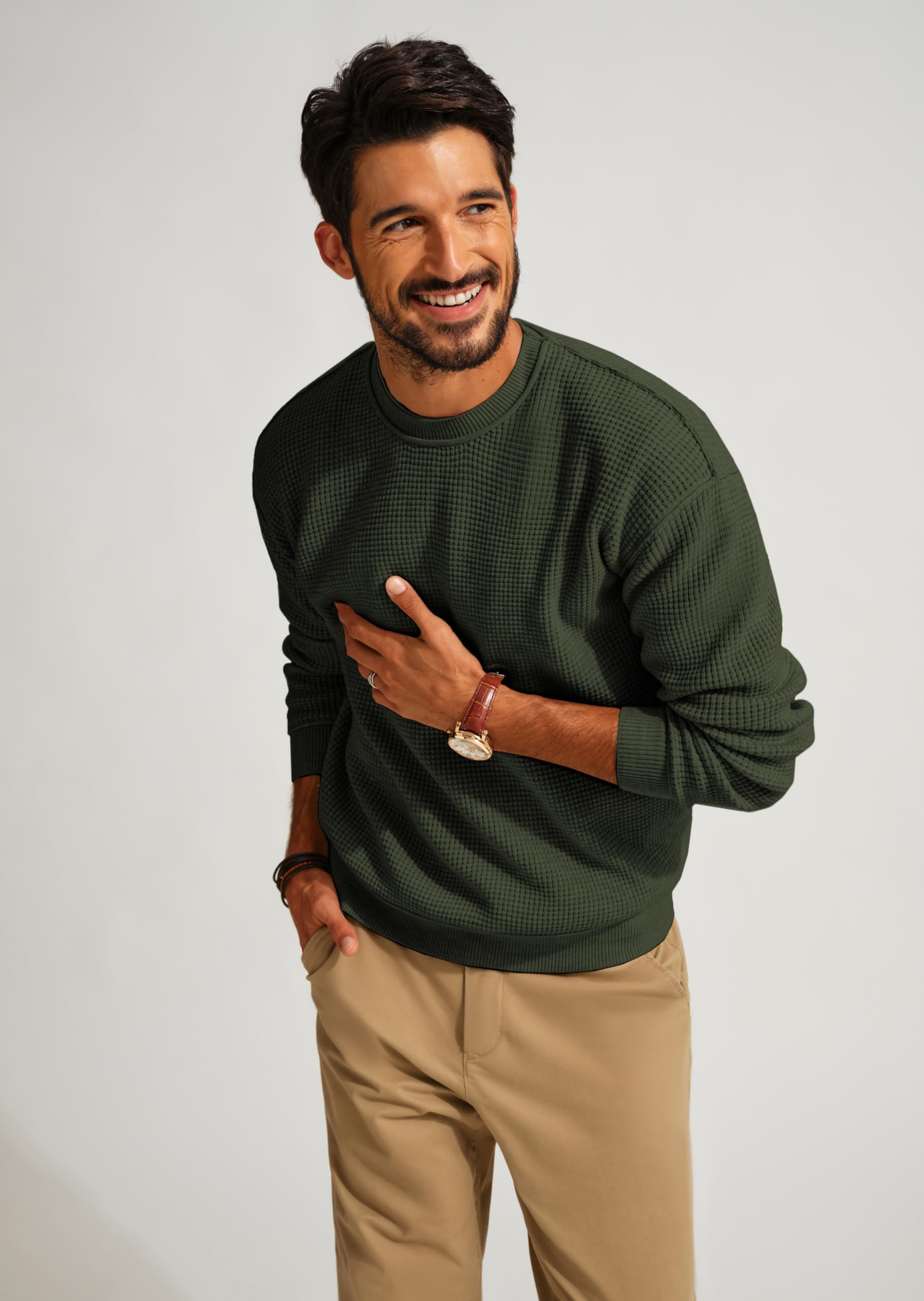 PJ Paul Jones Men's Crewneck Knit Sweater - Casual Waffle Pullover for Men | Warm Winter Fashion, Office Wear & Outdoor Activities