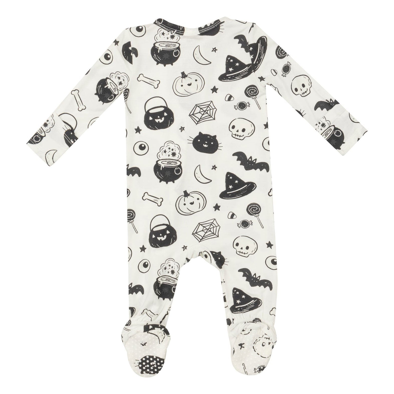 Bamboo 2-Way Zipper Footie Pajamas - Black & White Halloween Print - Ivory Color - Cozy Sleepwear for Kids & Adults - Perfect for Halloween Costumes & Family Matching Pajama Sets