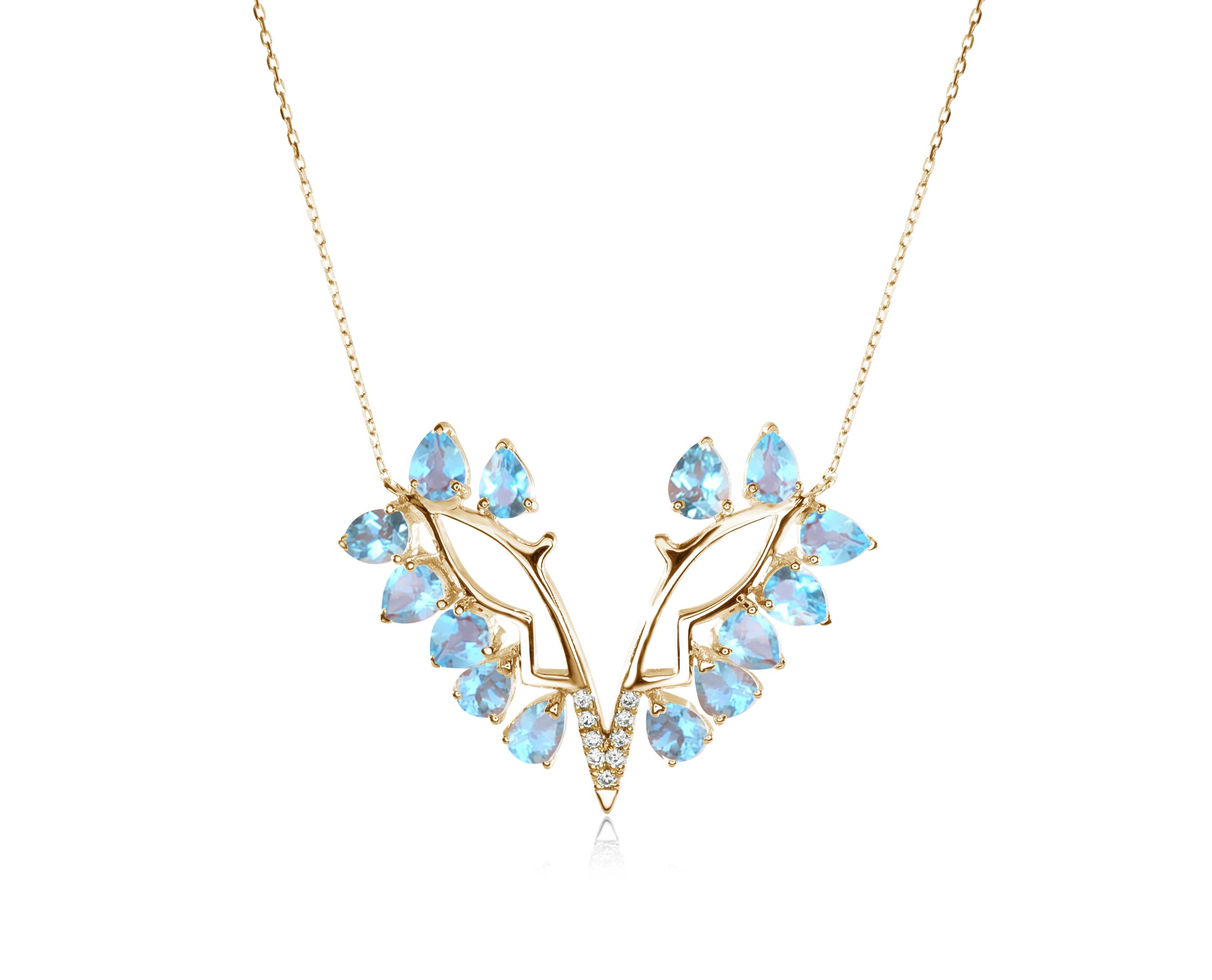Aquamarine Diamond Pendant Necklace - Butterfly March Birthstone Gold Necklace for Women - Cluster Teardrop Delicate Wings Jewelry - Perfect Gift for Birthday, Anniversary & Valentine's Day