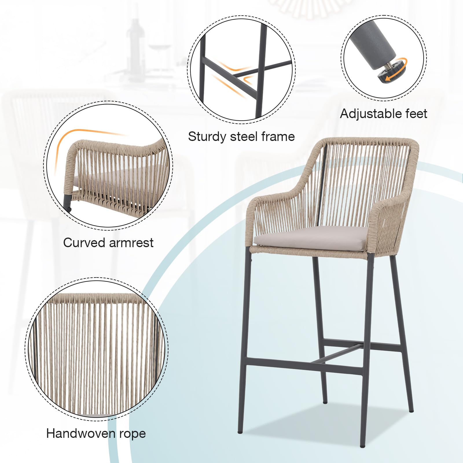 COBANA 2-Pack Outdoor Bar Stools - 36 Inch Bar Height Patio Chairs with High Back Support, Footrest & Armrests, Beige Weather-Resistant Dining Chairs for Backyard, Deck, Poolside & Outdoor Entertaining