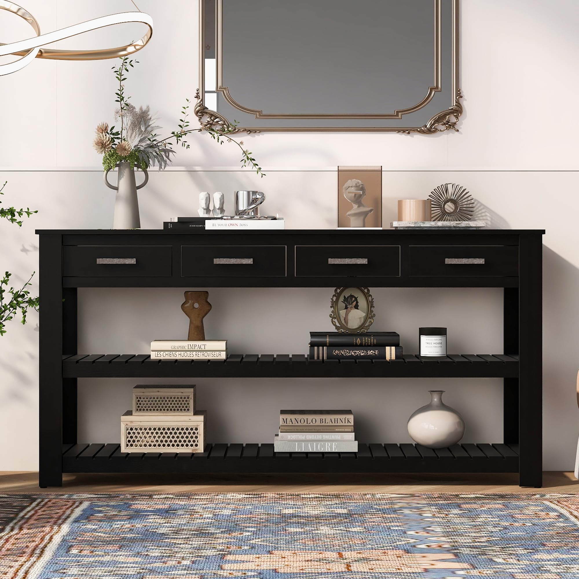 Stylish Rustic Entryway Console Table with 4 Drawers & Shelves - Perfect for Living Room & Bedroom (Black)