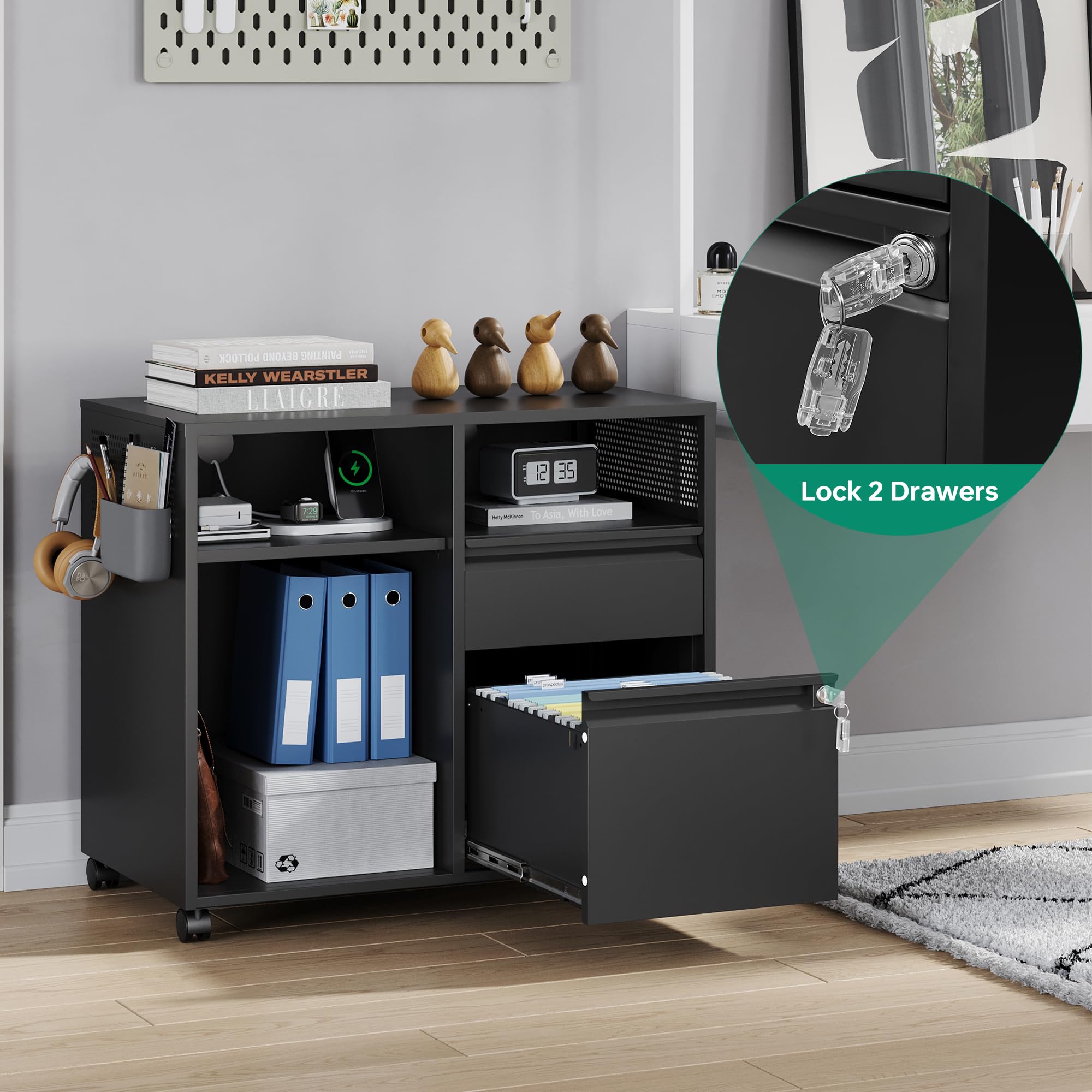 Letaya Mobile File Cabinet - Metal Lateral Rolling Printer Stand with Shelves for Home Office Storage - Organize A4/F4/Letter Size Documents - Perfect for Office, Study Room or Home Workspace (Black)