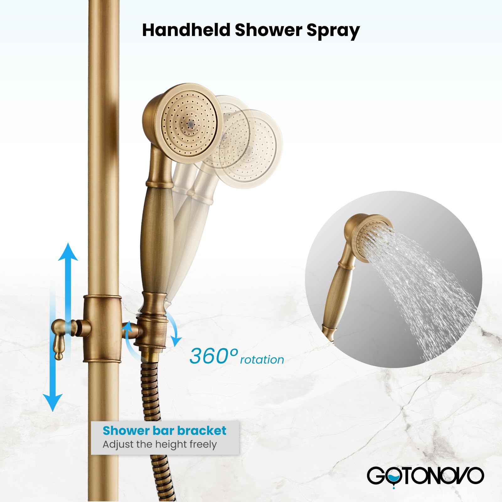 Gotonovo 8 Inch Rainfall Shower System - Antique Brass Wall Mounted Tub Shower Faucet Set with Handheld Sprayer, Shower Shelf & Tub Spout | Modern Bathroom Upgrade for Spa-Like Experience