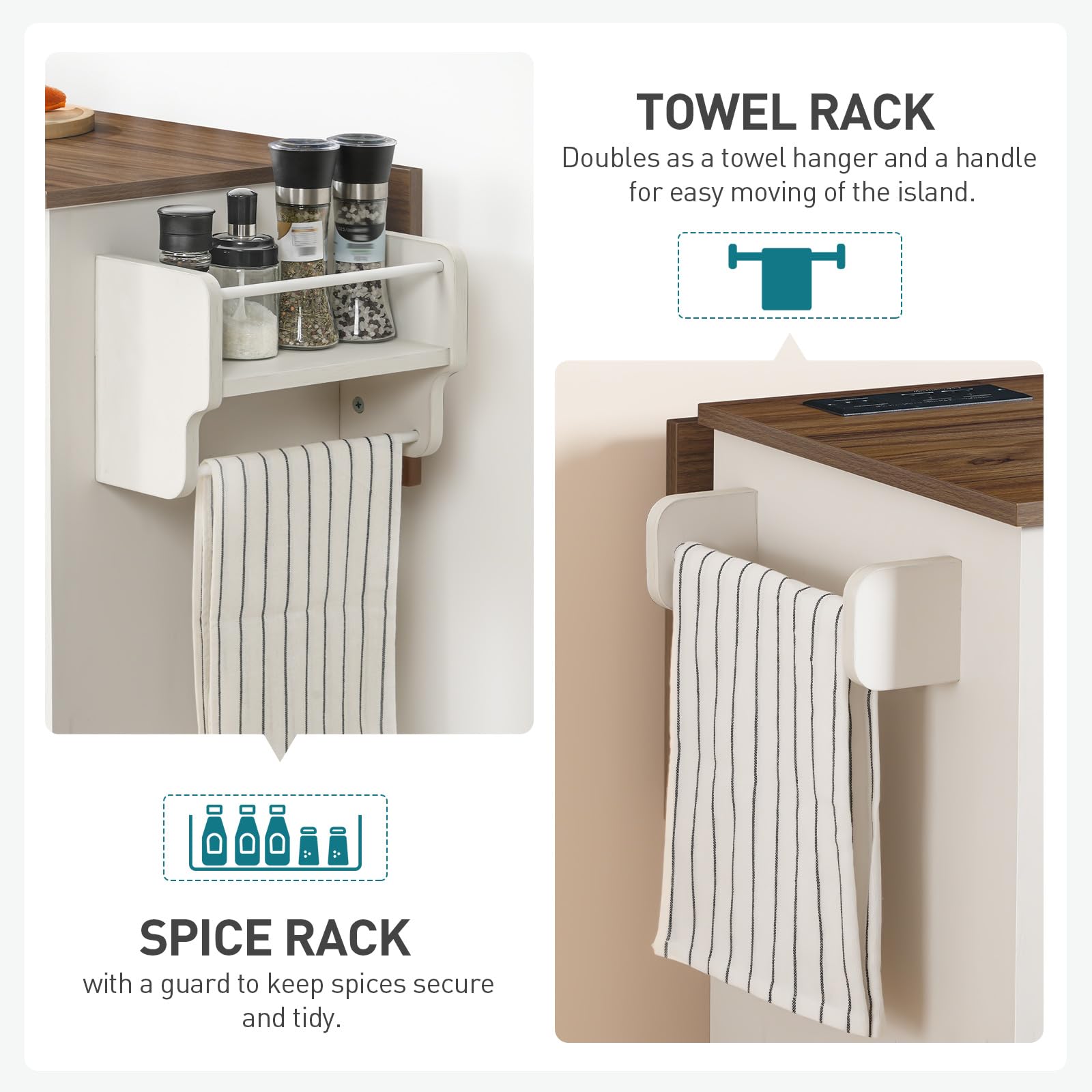 White and Walnut Kitchen Island with Storage, 3 Drawers, Barn Doors & Spice Rack | Rolling Kitchen Cart with Charging Station & Drop-Leaf Table | Perfect for Small Kitchens, Breakfast Bars & Home Organization