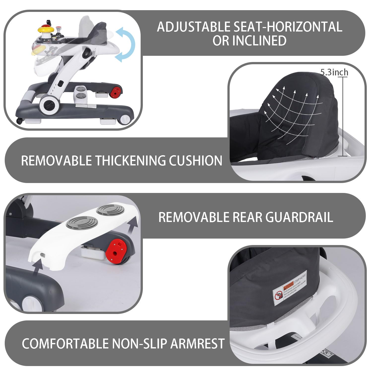 **Kinder King 5-in-1 Baby Walker with Music & Lights - Adjustable Height & Seat, Learning & Walk-Behind Activity Walker for Toddlers - Safety Bumper & Anti-Rollover Design (Grey) - Perfect for Playtime & Early Learning Development**