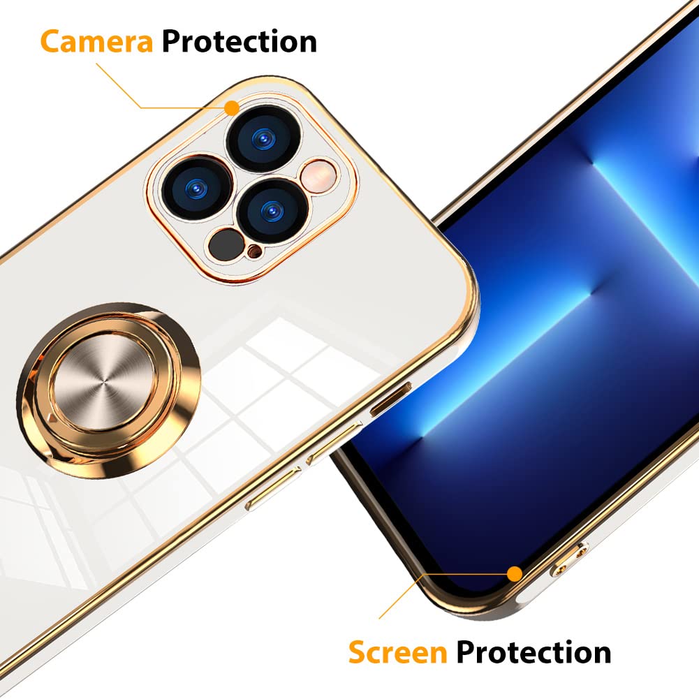 Magnetic iPhone 13 Pro Case 6.1 Inch with 360° Rotating Kickstand & Screen Protector - Shockproof Slim Bumper Cover, Soft Edges (White) | Perfect for Work, Travel & Everyday Protection