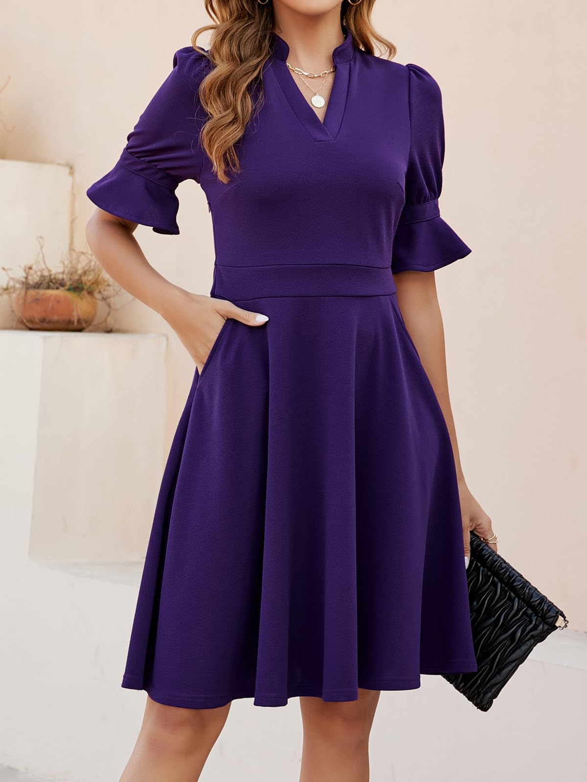 Mokayee Women's Summer V-Neck Ruffle Short Sleeve Fit and Flare Knee-Length Dress with Pockets - Perfect for Church, Wedding Guest, Party & Casual Wear