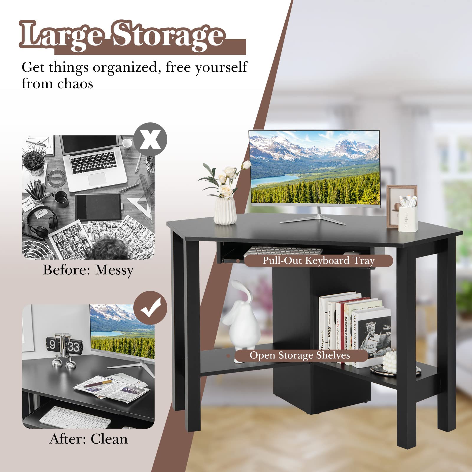 Tangkula Small Corner Desk with Keyboard Tray - Triangle Computer Desk for Bedroom, Home Office & Small Spaces - Space Saving Writing Desk with Storage Shelves - Perfect for Work, Study & Makeup Vanity