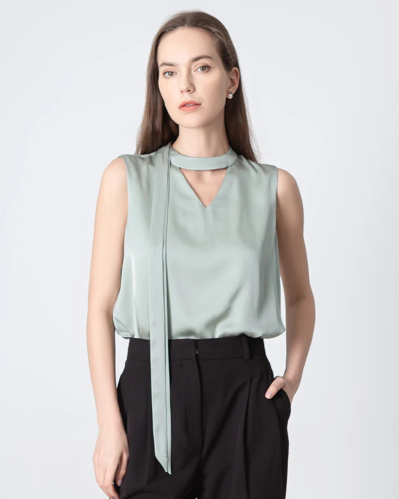 Elegant V-Neck Tie Front Sleeveless Silk Blouse for Women - Perfect for Office Wear, Date Night & Special Occasions