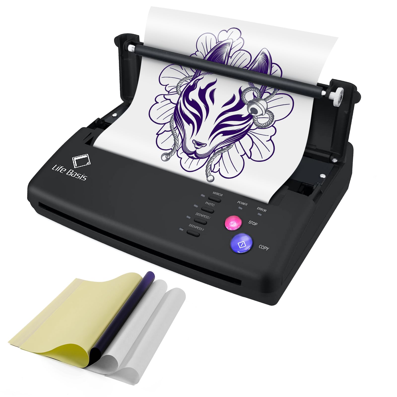 LifeBasis Professional Tattoo Transfer Stencil Printer Machine - Thermal Copier with 30PCS Stencil Paper for Tattoo Artists & Beginners | Portable Tattooing Equipment for Studio & Home Use | Black