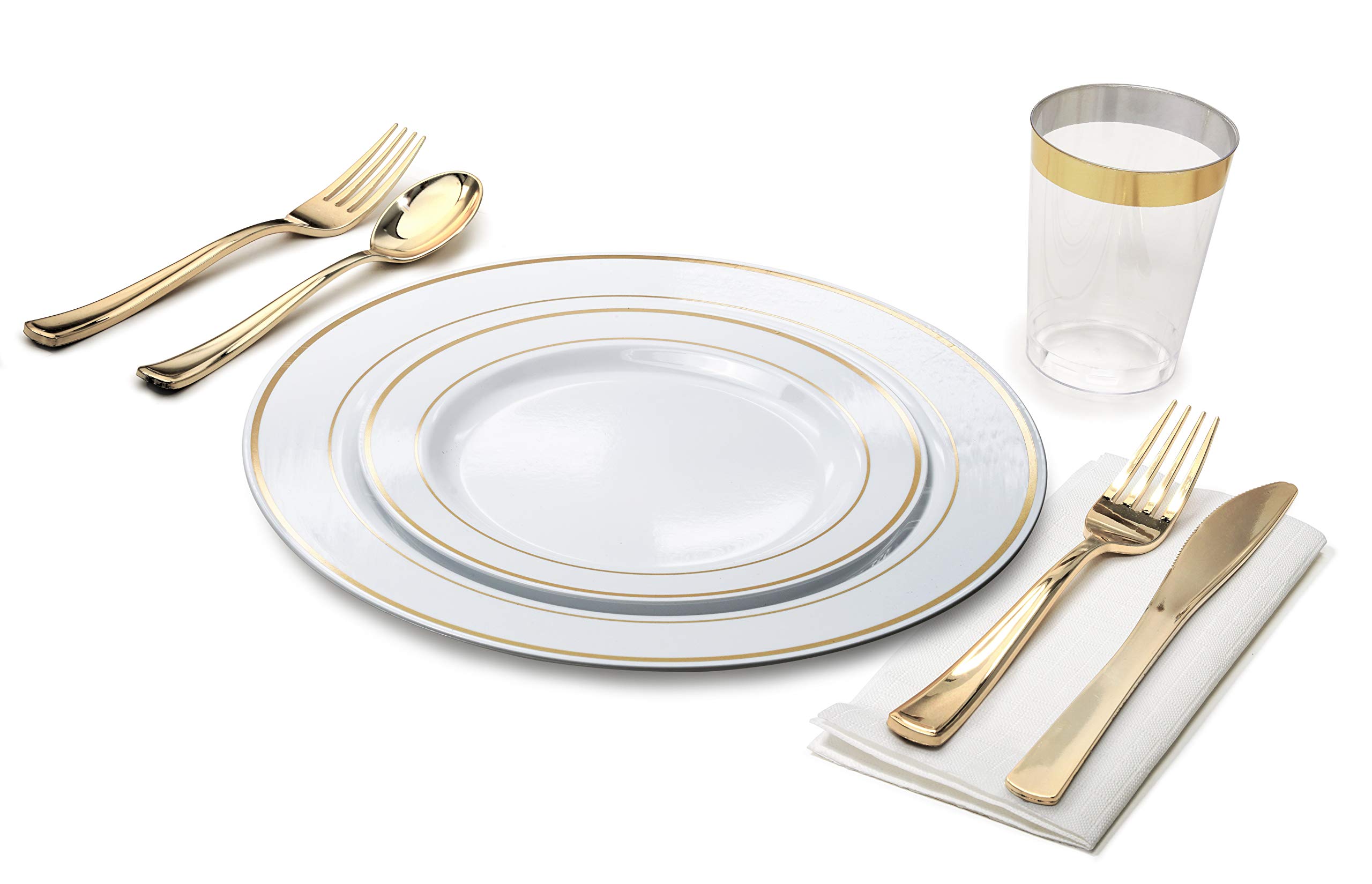 960-Piece Wedding Disposable Plastic Dinnerware Set - 120 Guest Silverware, Gold Rimmed Tumblers & White Napkins (Combo B, White & Gold) - Perfect for Weddings, Parties & Special Events