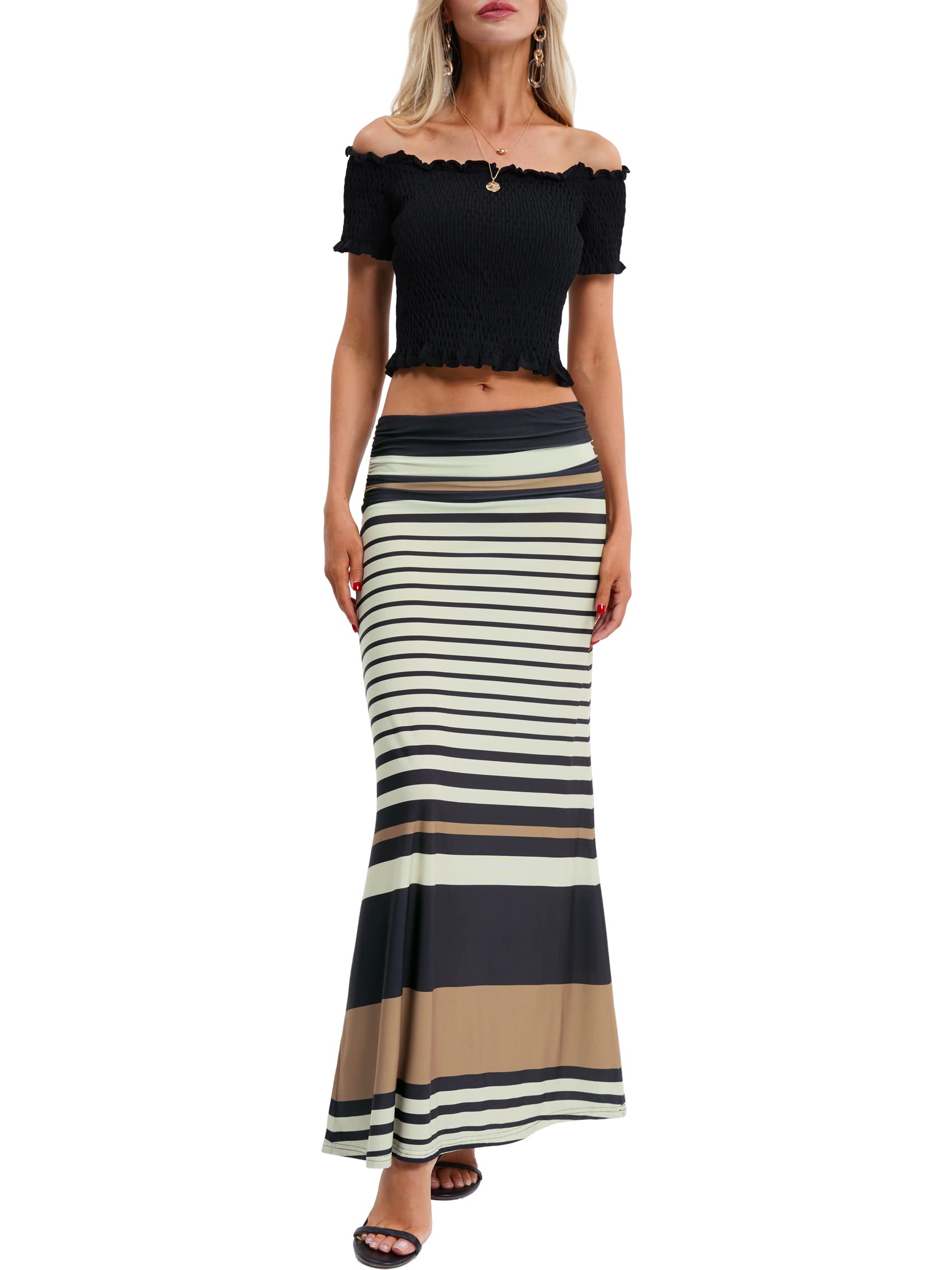 BAISHENGGT Women's Elegant Ruched High Waist Flare Maxi Skirt - Long Flowy Floor Length Skirt for Casual, Beach & Evening Wear