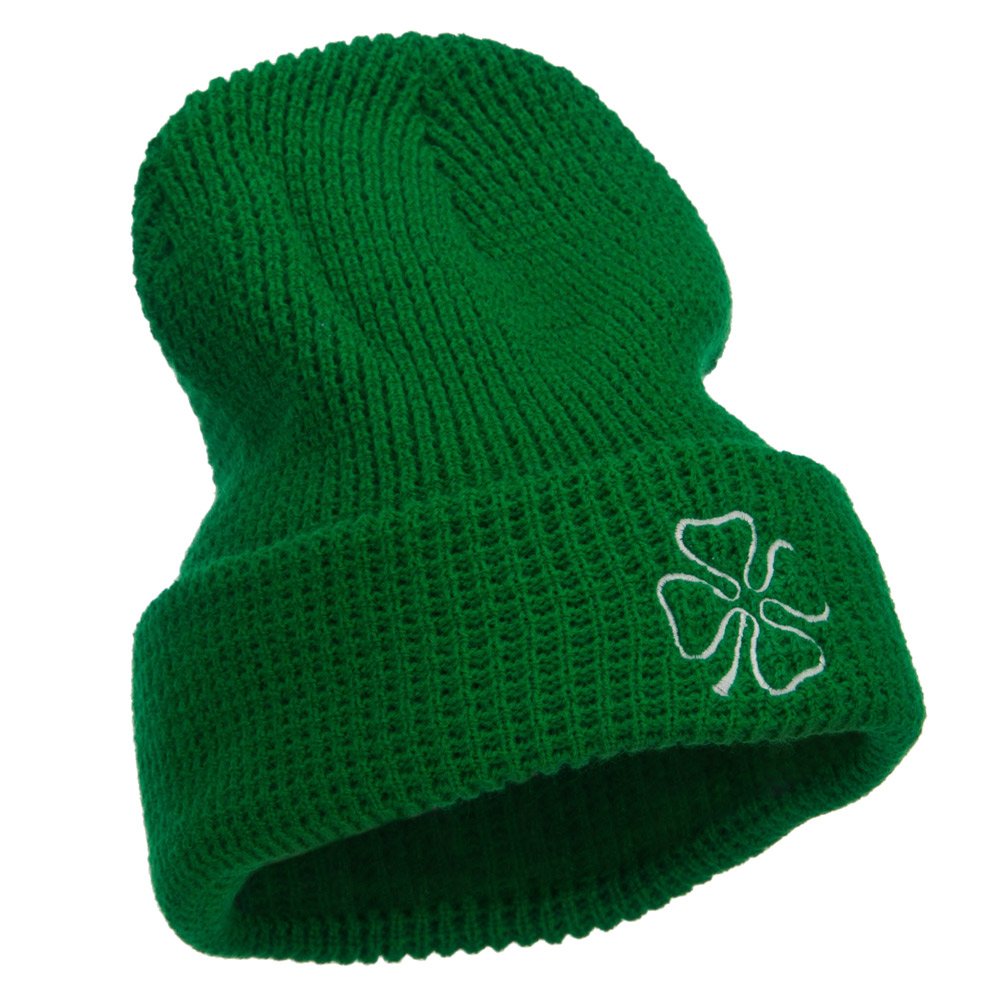 Lucky Leaf Clover Embroidered Waffle Cuff Beanie for Men & Women - Soft Stretchy Winter Hat for Big Heads - Cozy Knit Cap for Outdoor Activities, Skiing, and Casual Wear