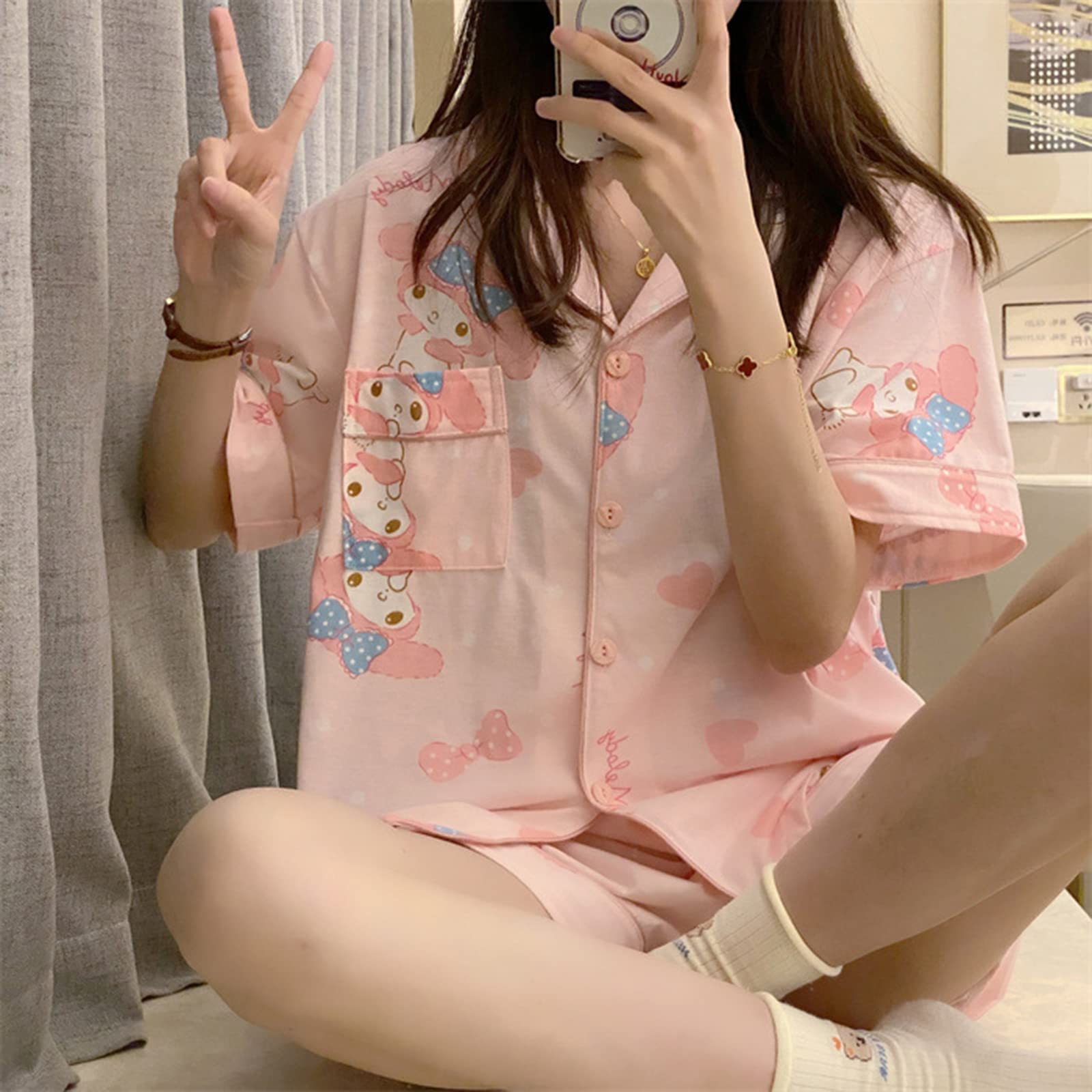 Cute Cartoon Pajama Set for Women - Short Sleeve & Shorts | Sleepwear & Loungewear