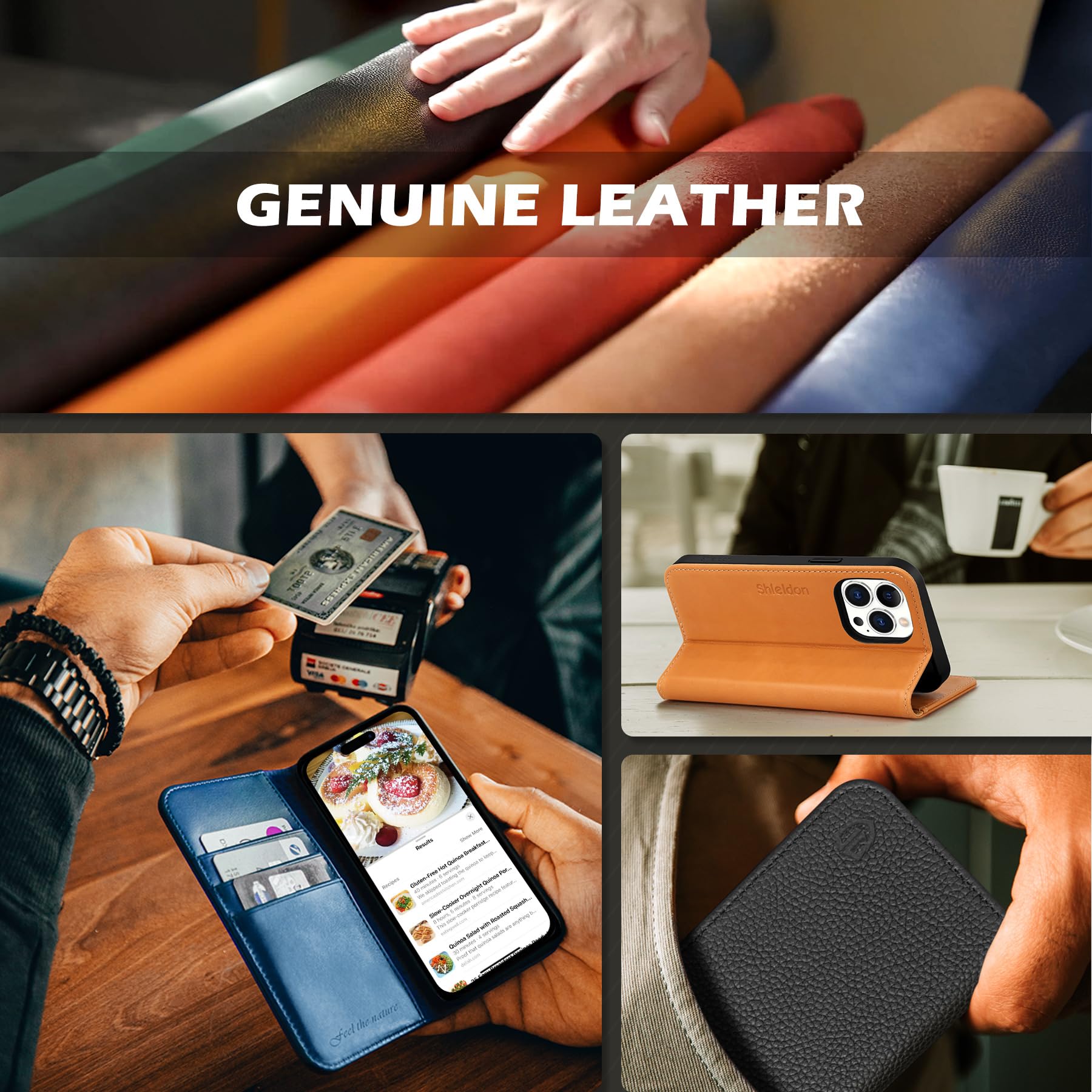 SHIELDON Genuine Leather Wallet Case for iPhone 15 Pro Max 6.7