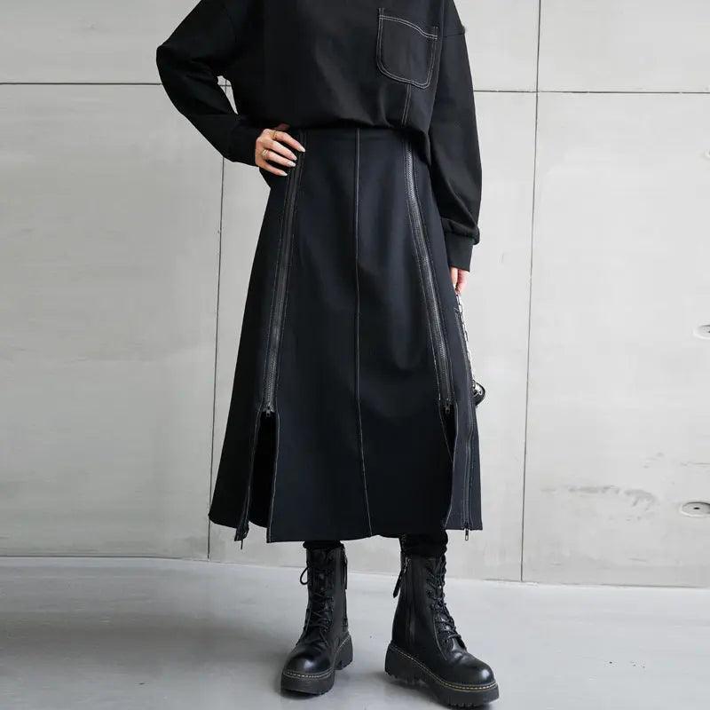 Women's Black Cotton A-Line Skirt with Front Zip Slit - Stylish Paneled Design for Office, Party & Casual Wear